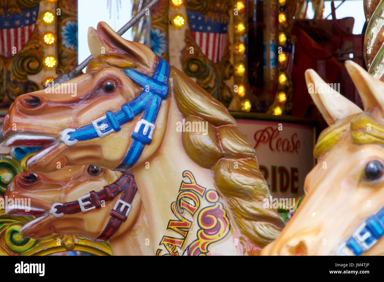 Detail of horses on fairground galloper ride at Masham Steam Fair, Masham, North Yorkshire, UK Stock Photo