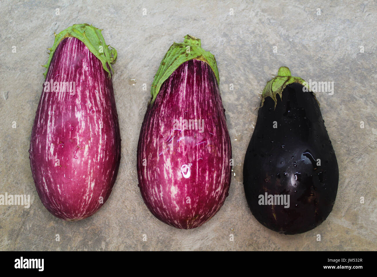 Three eggplants in the kitchen Stock Photo