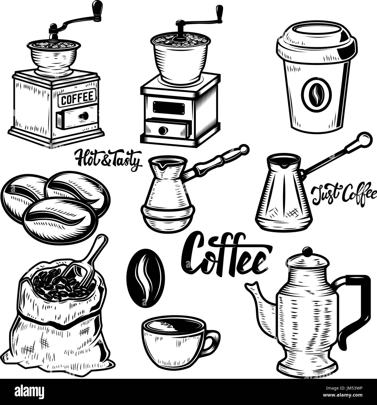 Set of coffee icons on white background. Coffee beans, mills. Vector