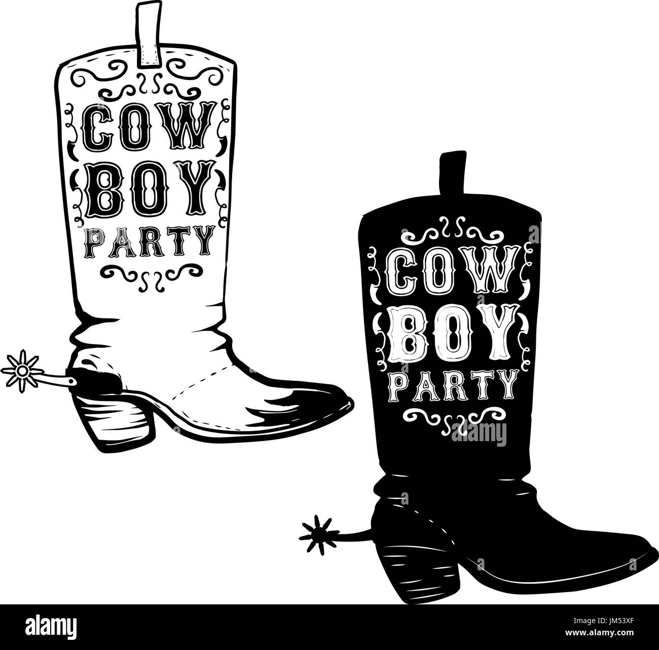 Cowboy party. Hand drawn Cowboy boots illustration. Design element for