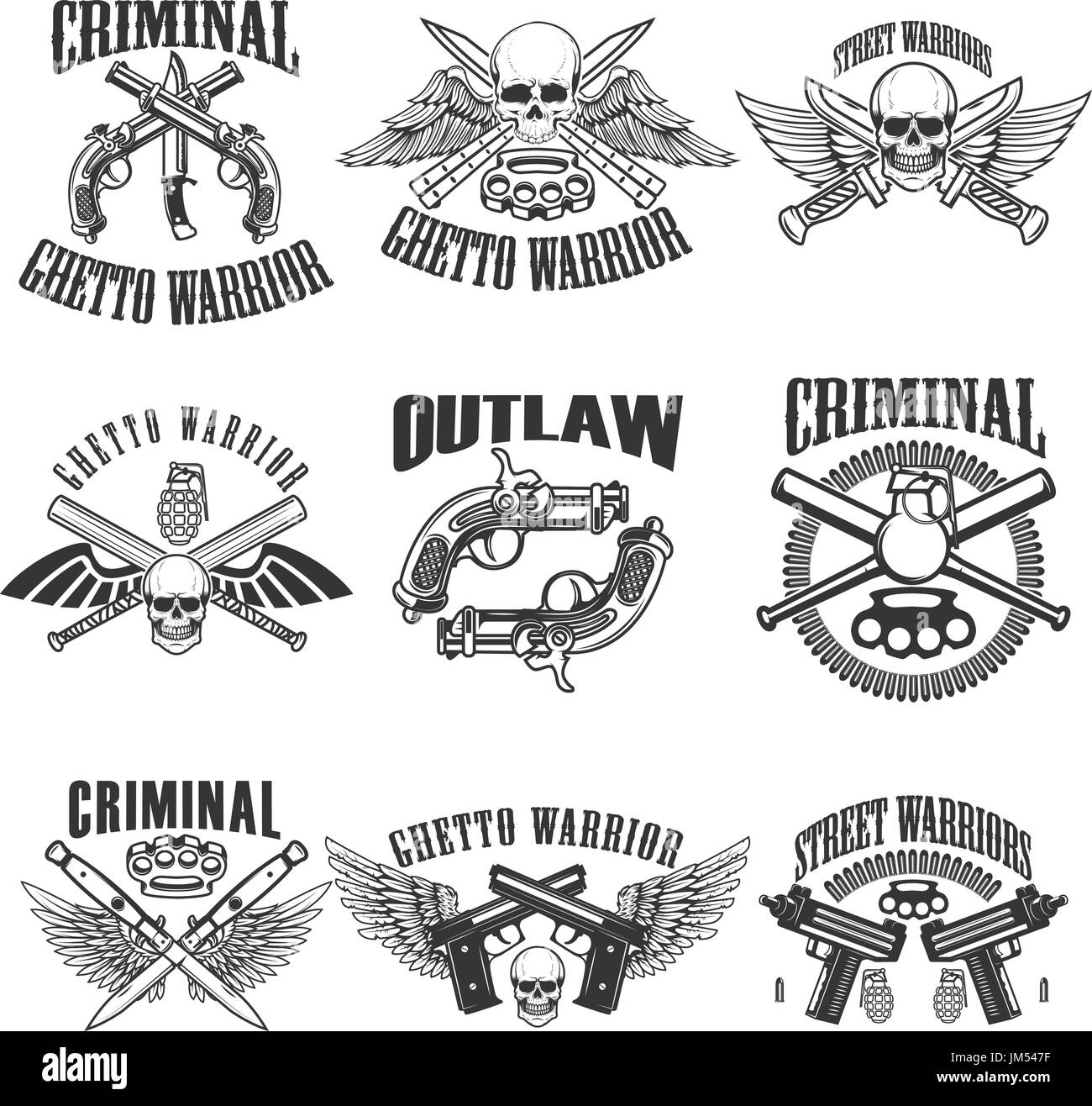 Set Of Outlaw Criminal Street Warrior Emblems Skulls With Wings