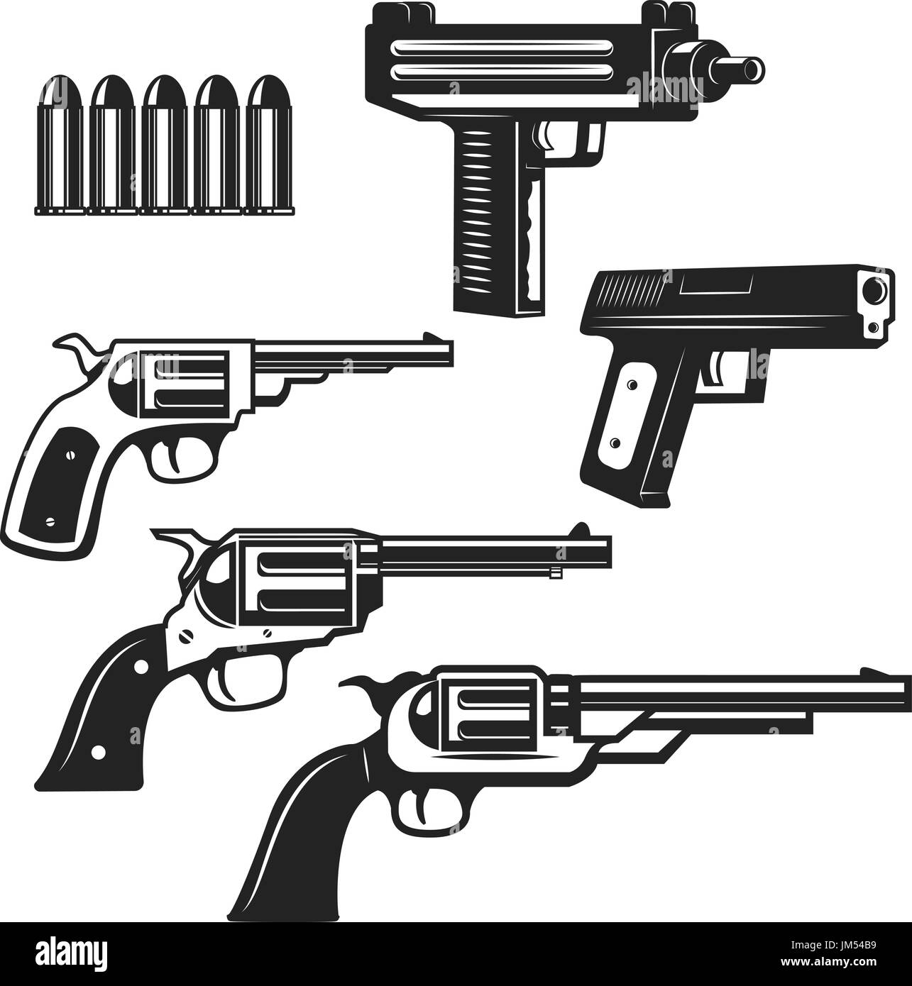 Set of handguns and revolvers isolated on white background. Design elements for logo, label, emblem, sign. Vector illustration Stock Vector