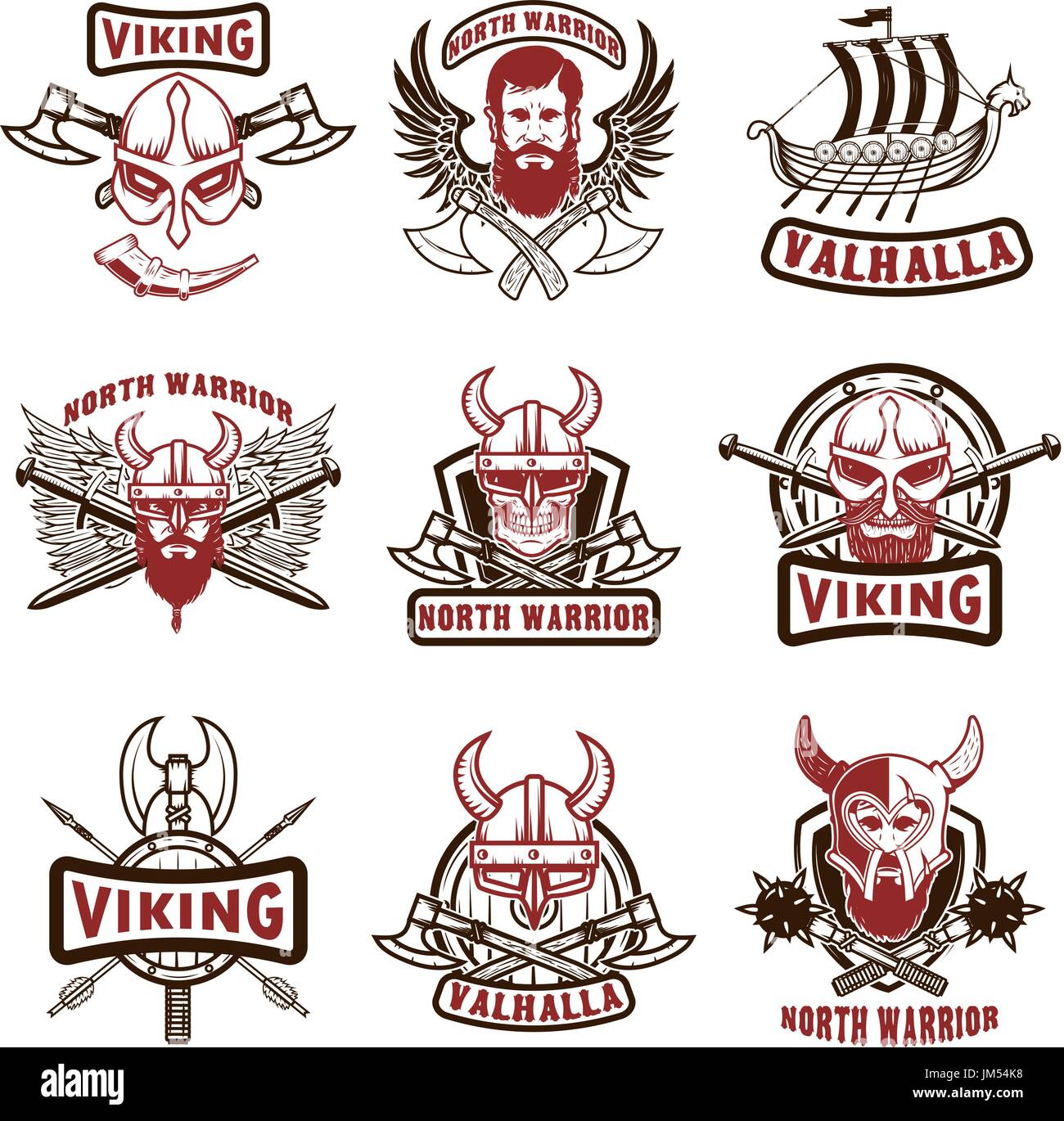 Set of vintage viking labels. Viking warrior in horned helmet, with
