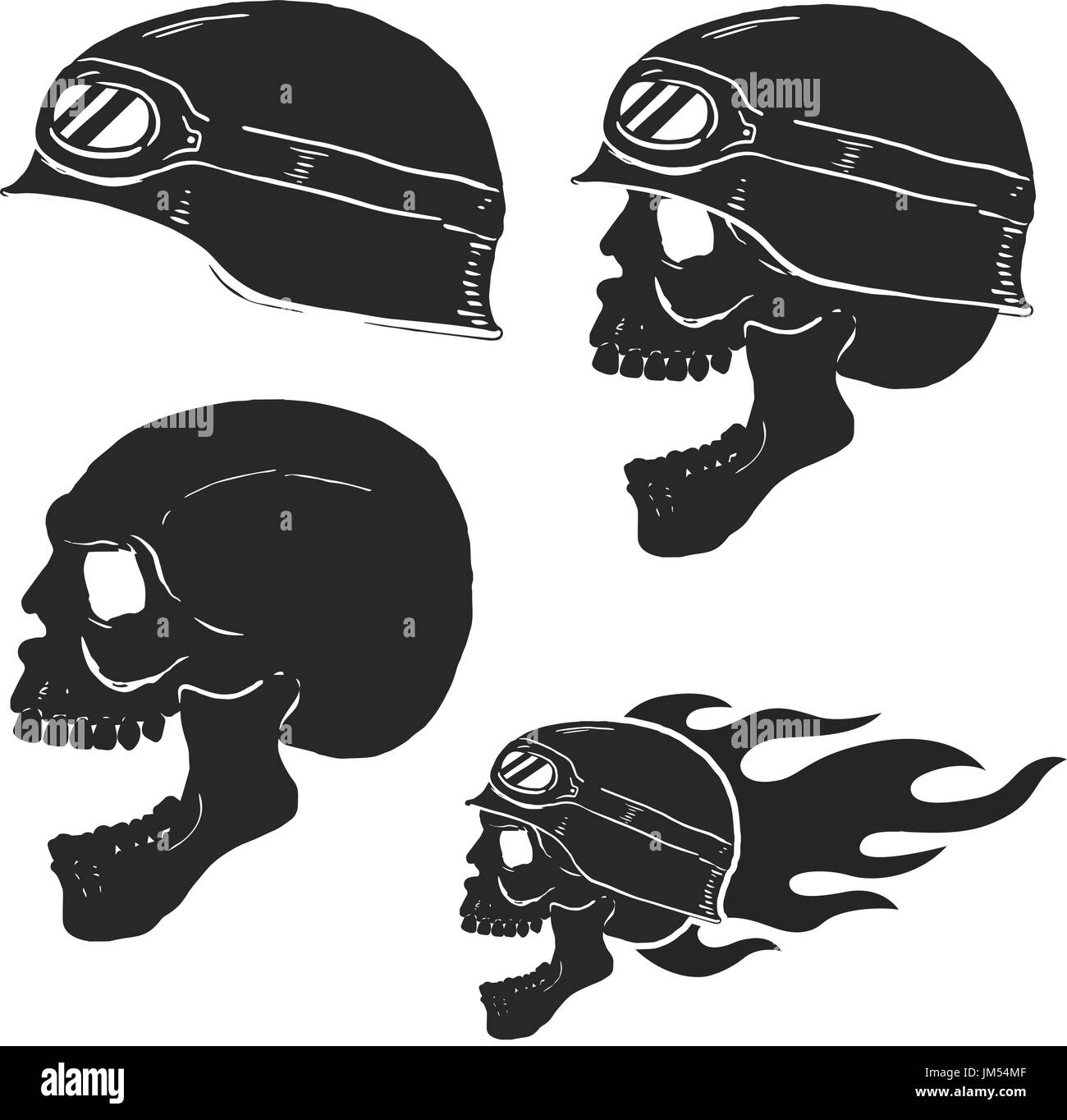 Skull in rider helmet with fire. Vector illustrations Stock Vector