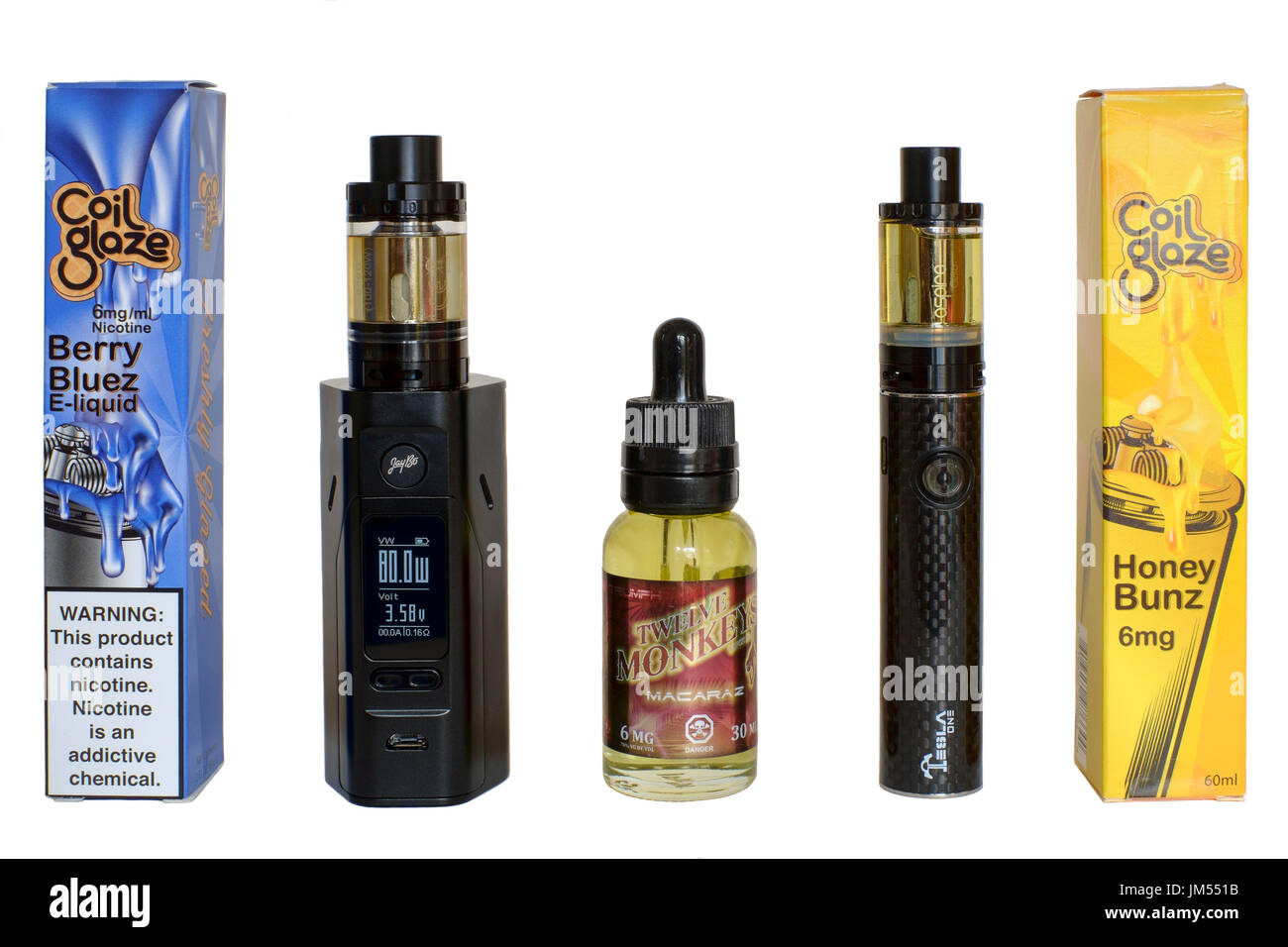 e liquids for electronic device vaping and vaporising mod Stock Photo