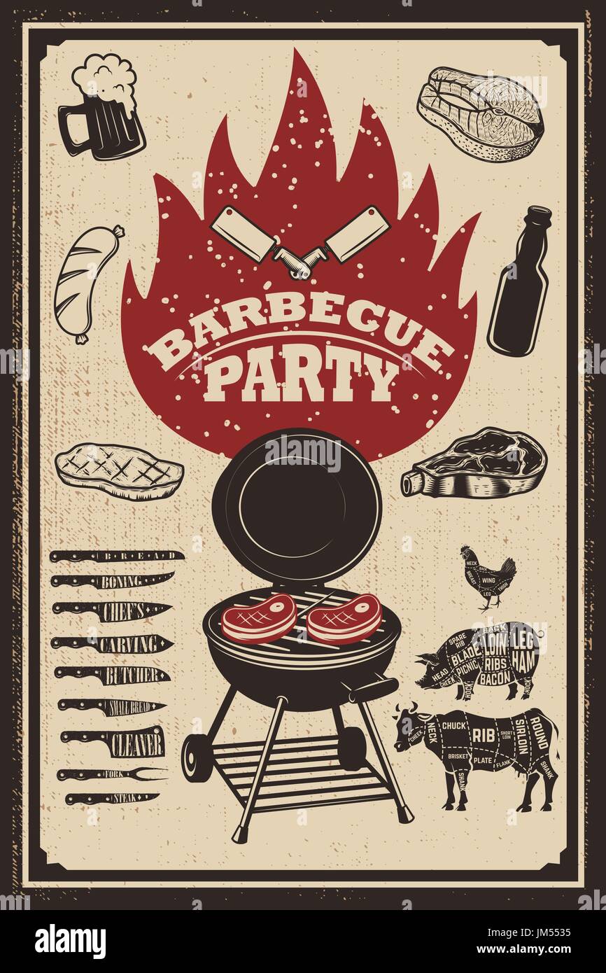 Barbecue party flyer template. Grill, fire, grilled meat, beer For Cookout Flyer Template