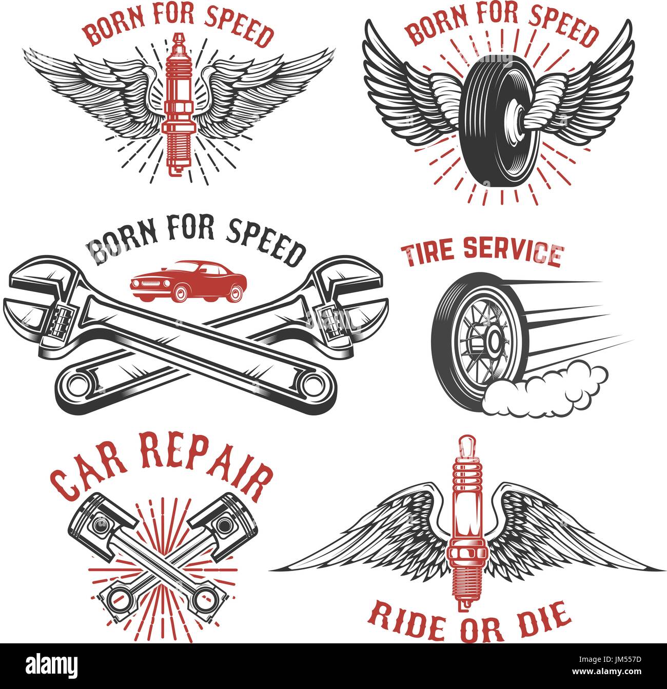 Set of tire service, car repair labels. Pistons, car wheels, repair tools.  Design elements for logo, emblem, sign. Vector illustration Stock Vector  Image & Art - Alamy