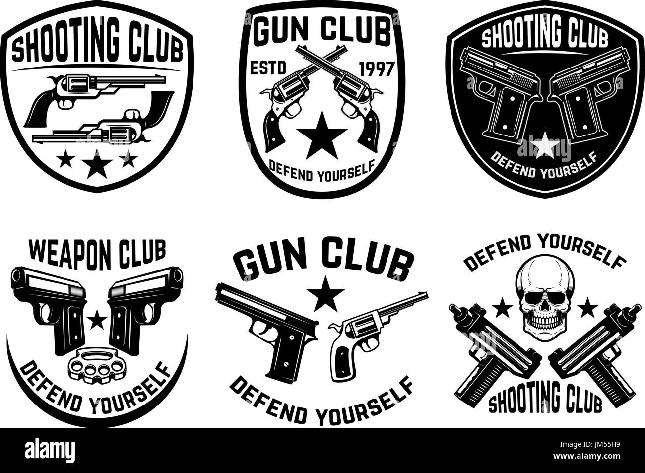 Set of weapon club, gun shop emblems. Labels with handguns. Vector