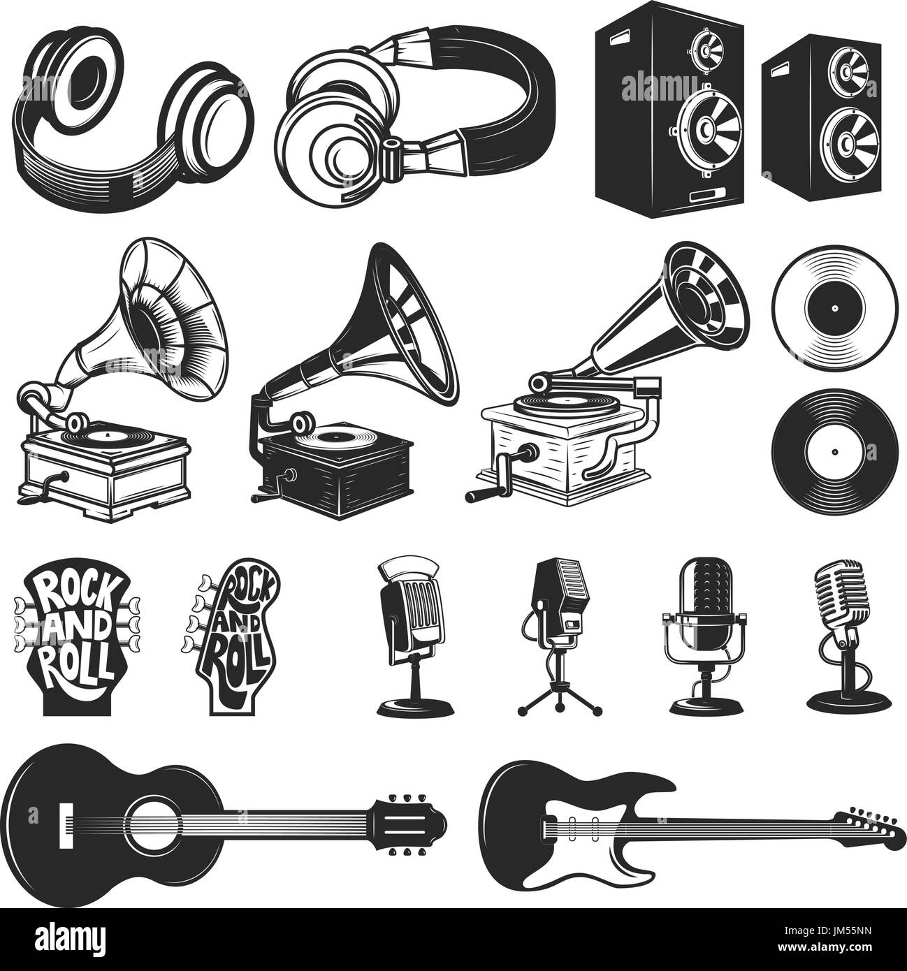 Set of design elements for music labels. Headphones, gramophones, microphones, guitars. Vector illustration Stock Vector