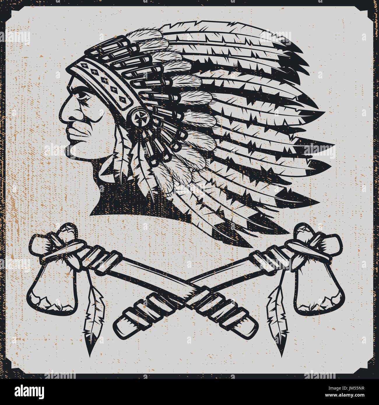 Native american chief head in traditional headdress with tomahawks ...