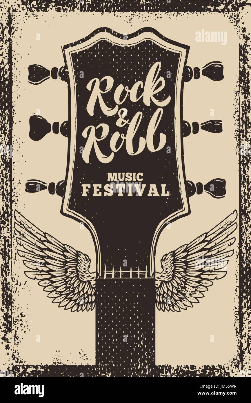 rock and roll festival poster template. Guitar with wings on grunge ...