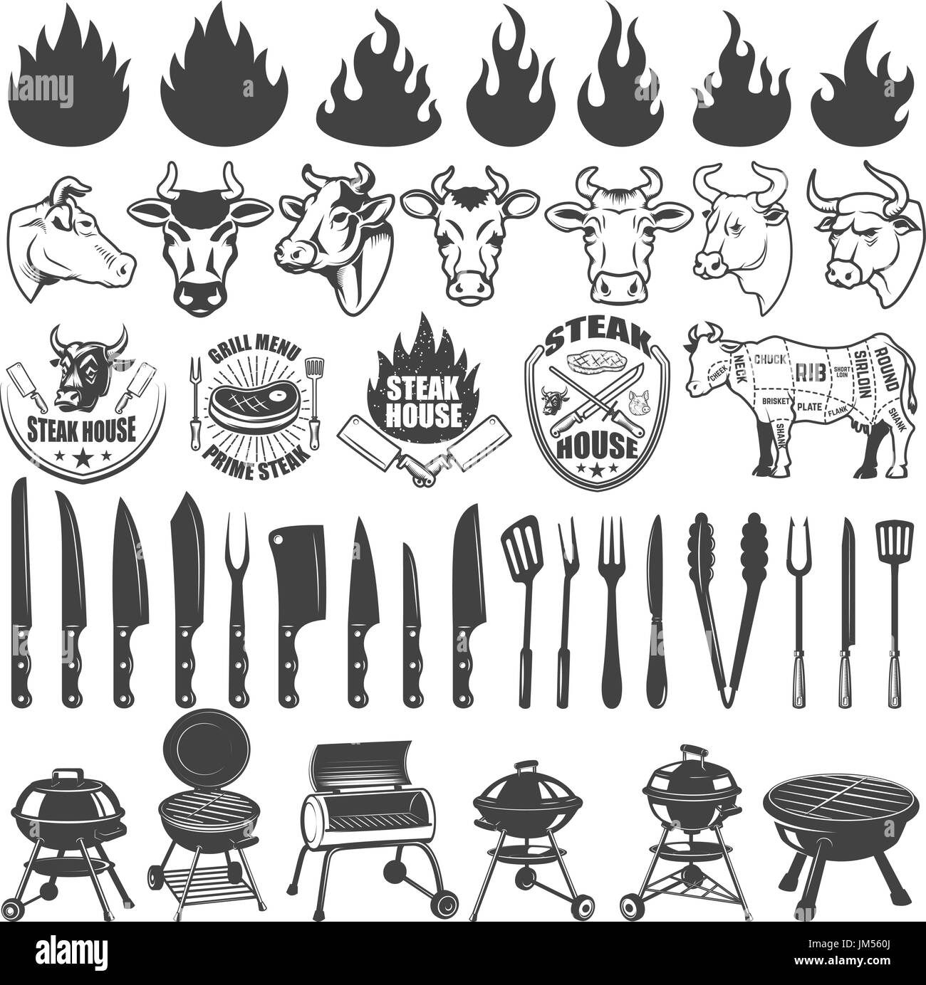 Set of BBQ and Grill labels and design elements. Bull and cow heads