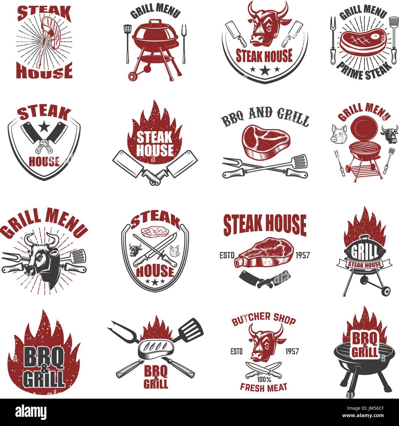 Set of steak house labels. BBQ, butcher tools, bull heads. Design elements for logo, emblem, sign, restaurant menu, flyer. Vector illustration Stock Vector & Art - Alamy