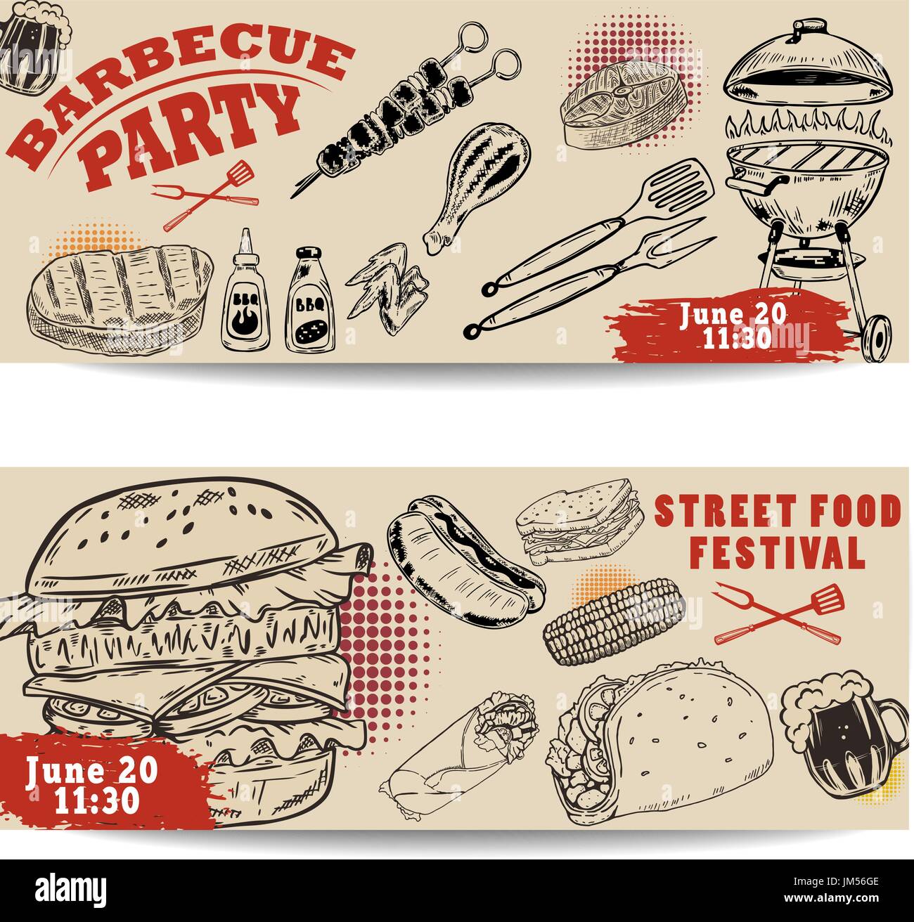 Set of bbq party invitation templates on light background. Grill, beer,meat, burger ,steak. Street food festival Stock Vector