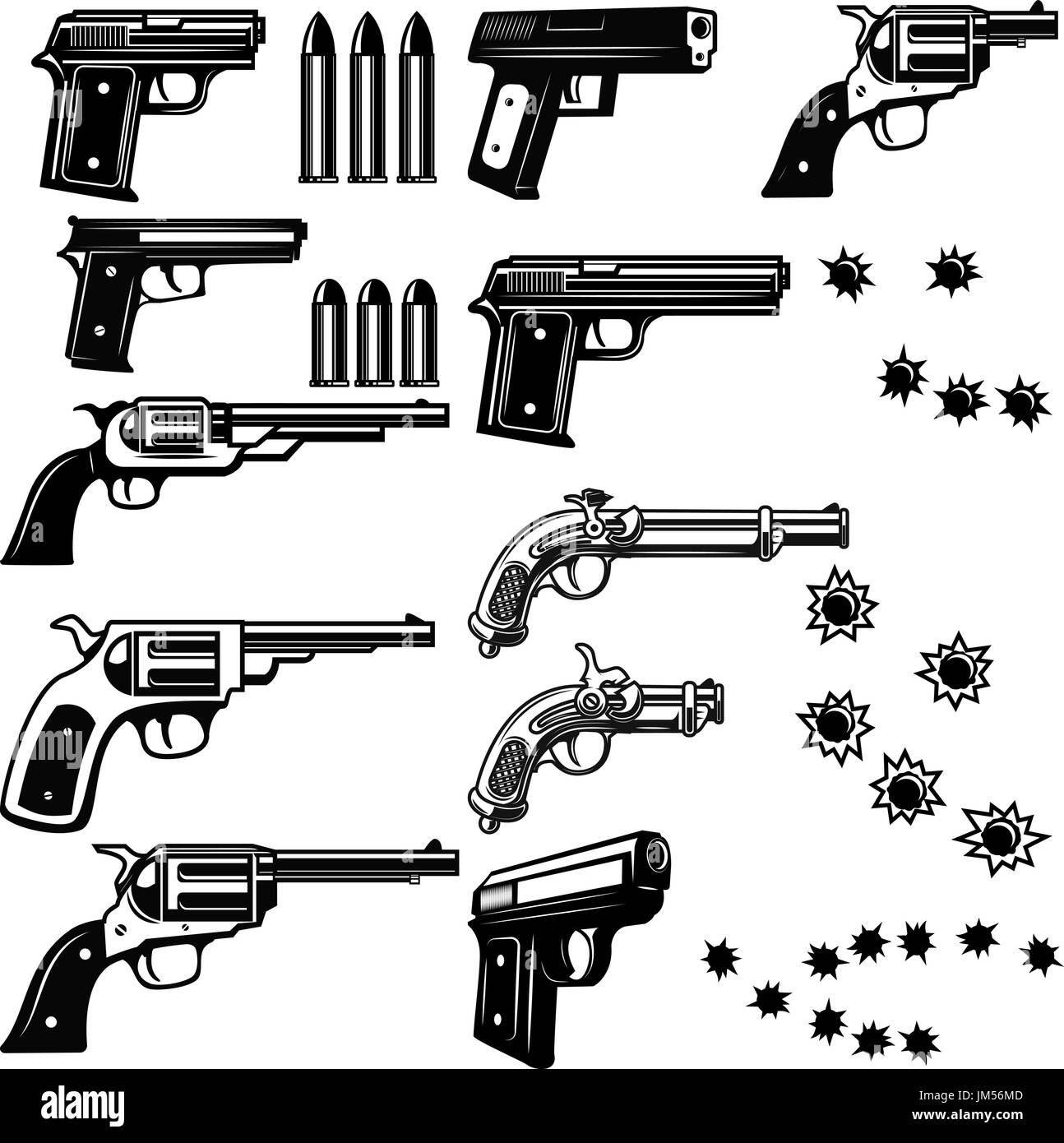 Handguns illustration isolated on white background. Bullet holes. Vector illustrations Stock Vector
