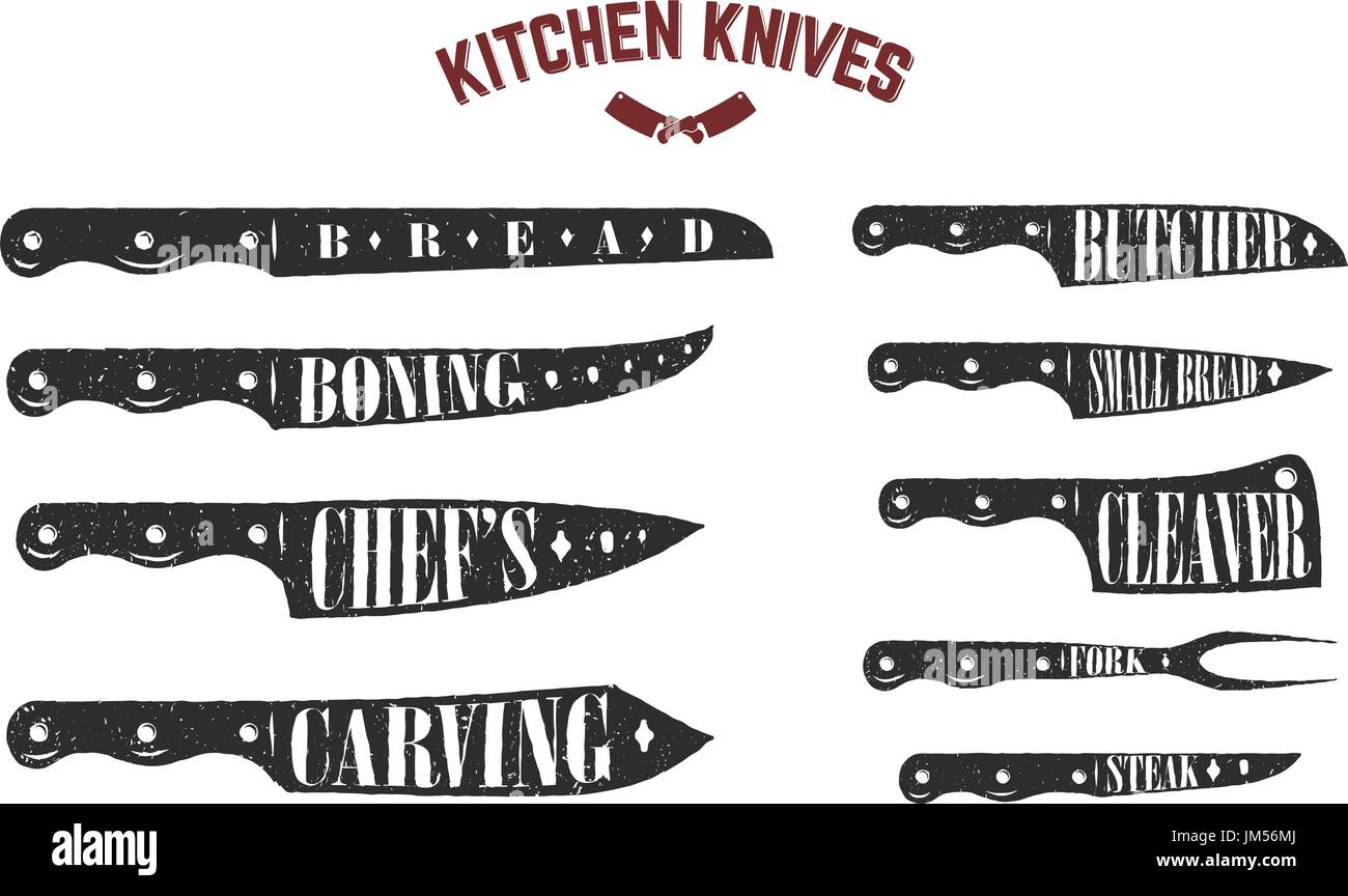 Set of kitchen knives. Butcher knives on white background. Vector