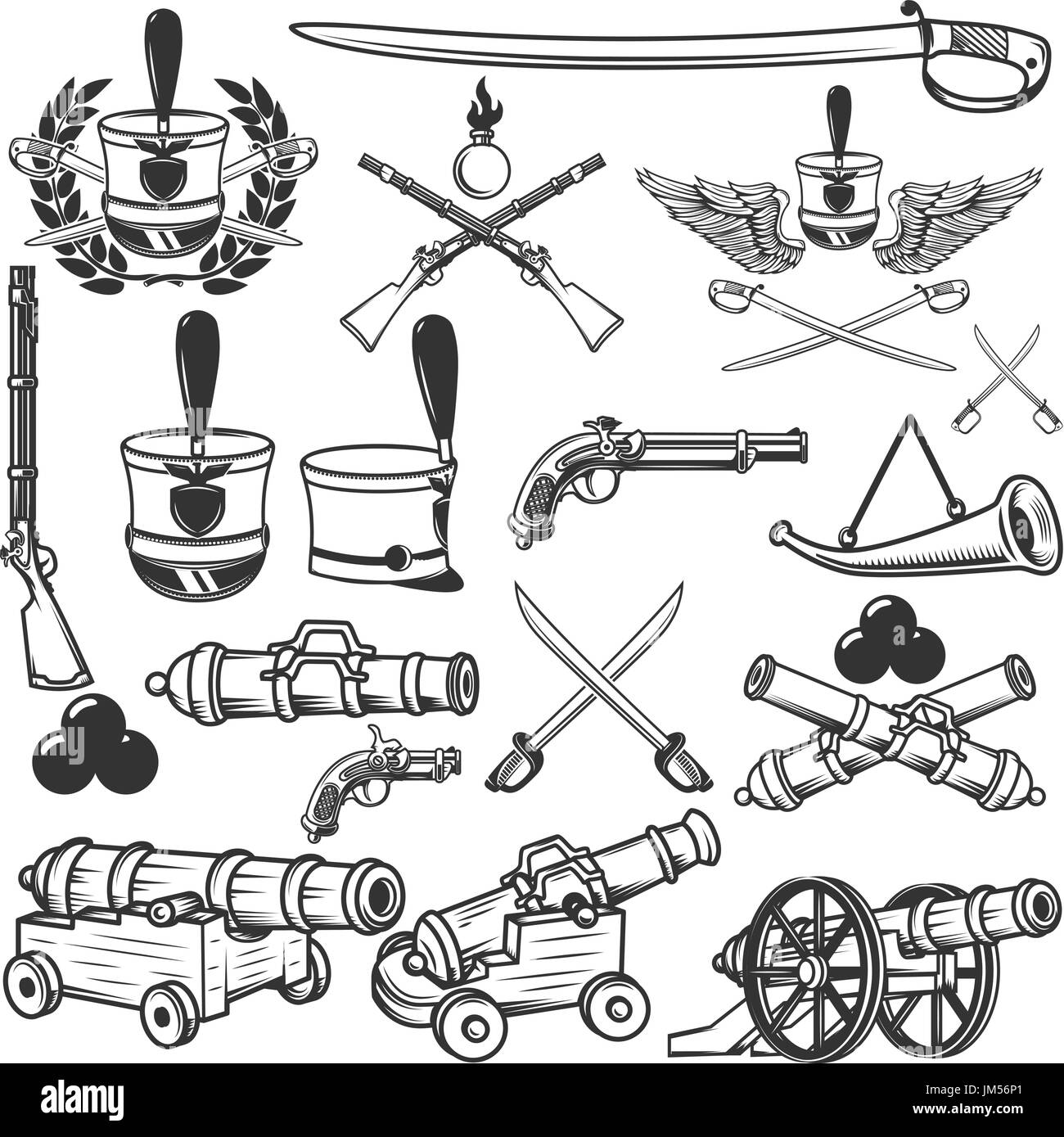 Old weapons, muskets, sabers, cannons, cores, hussar headgear. Design elements for logo, label, emblem, sign. Vector illustration Stock Vector
