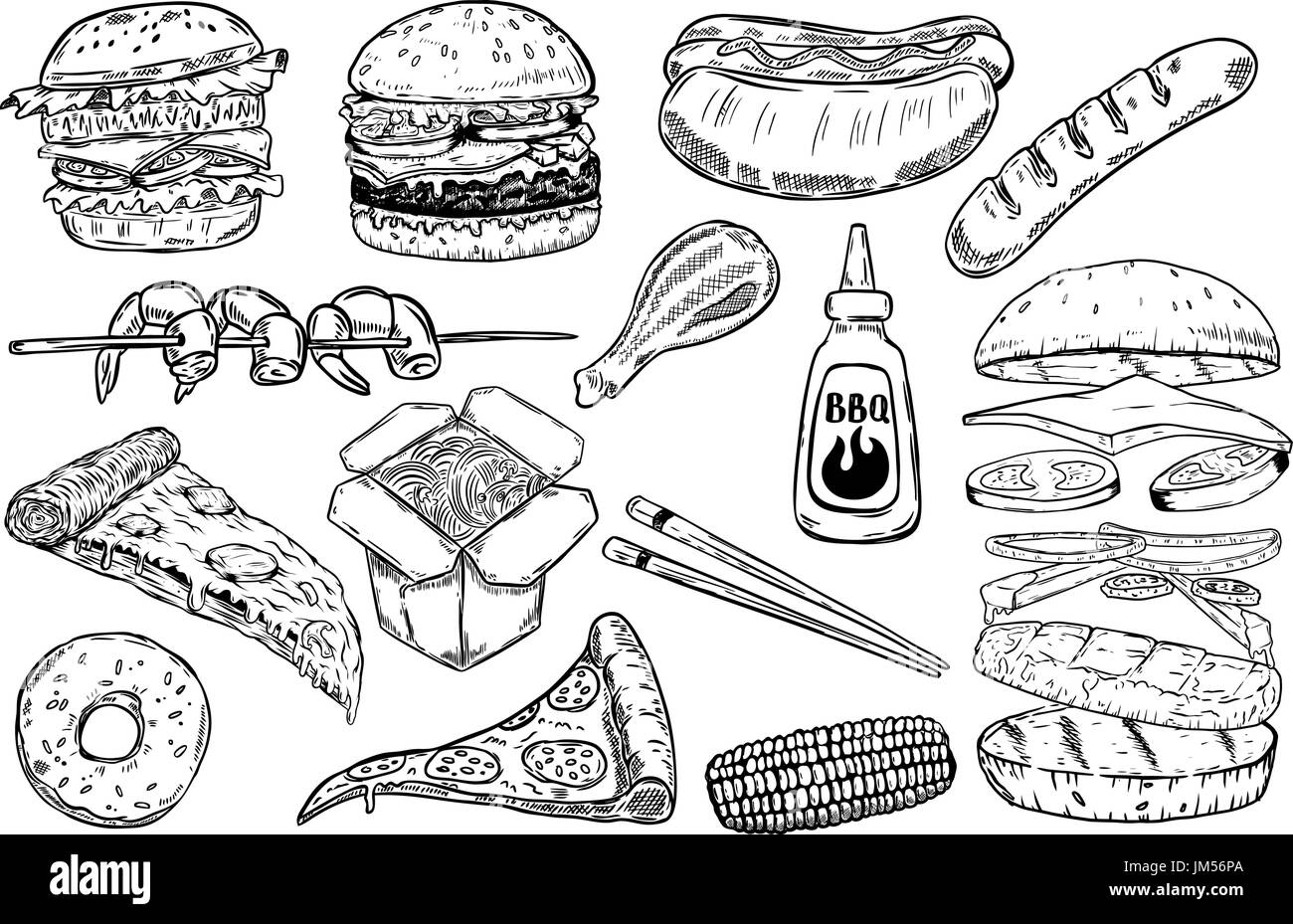 Set of hand drawn fast food illustrations. Burger, pizza, hot dog, china food, grilled corn, shrimps,donuts. Design elements for menu, poster Stock Vector