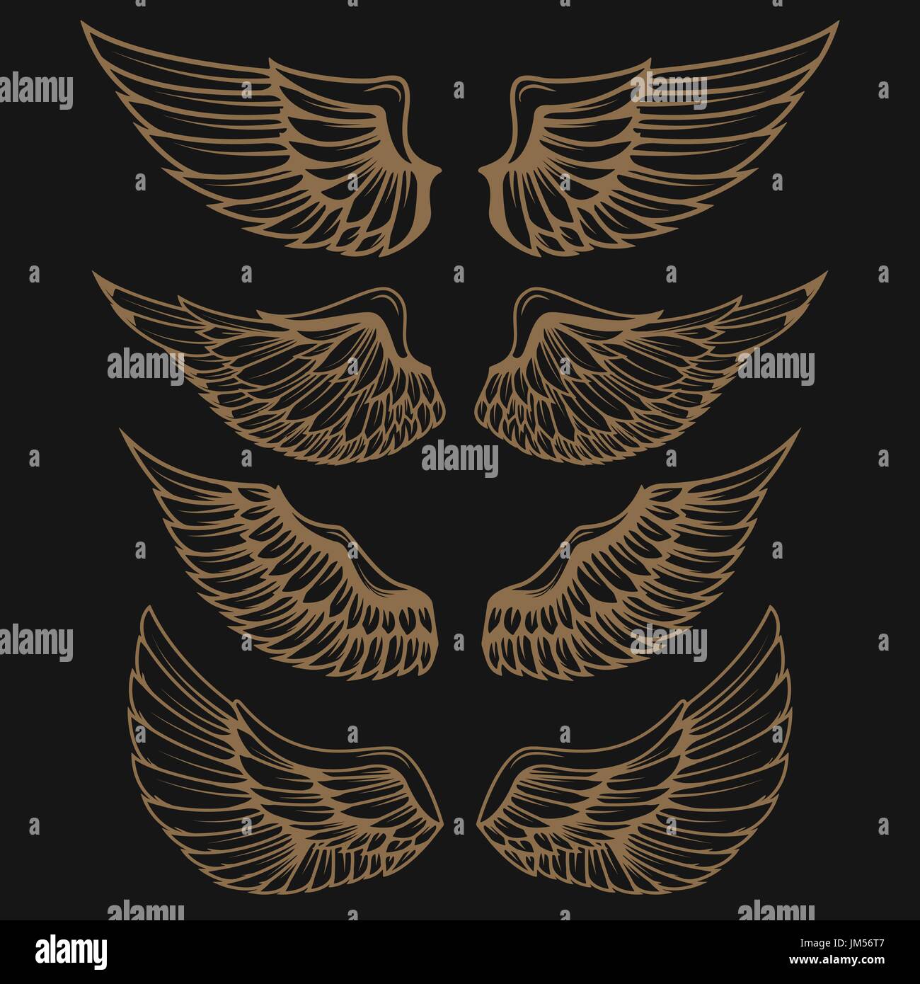 Set of golden wings on dark background. Vector illustration Stock ...