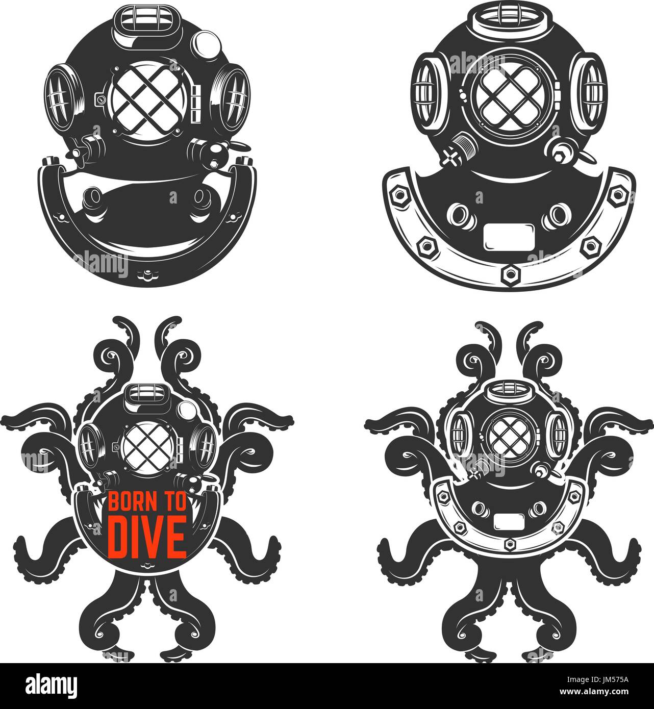 Set of vintage diver helmets. Diver helmet with octopus tentacles. Born
