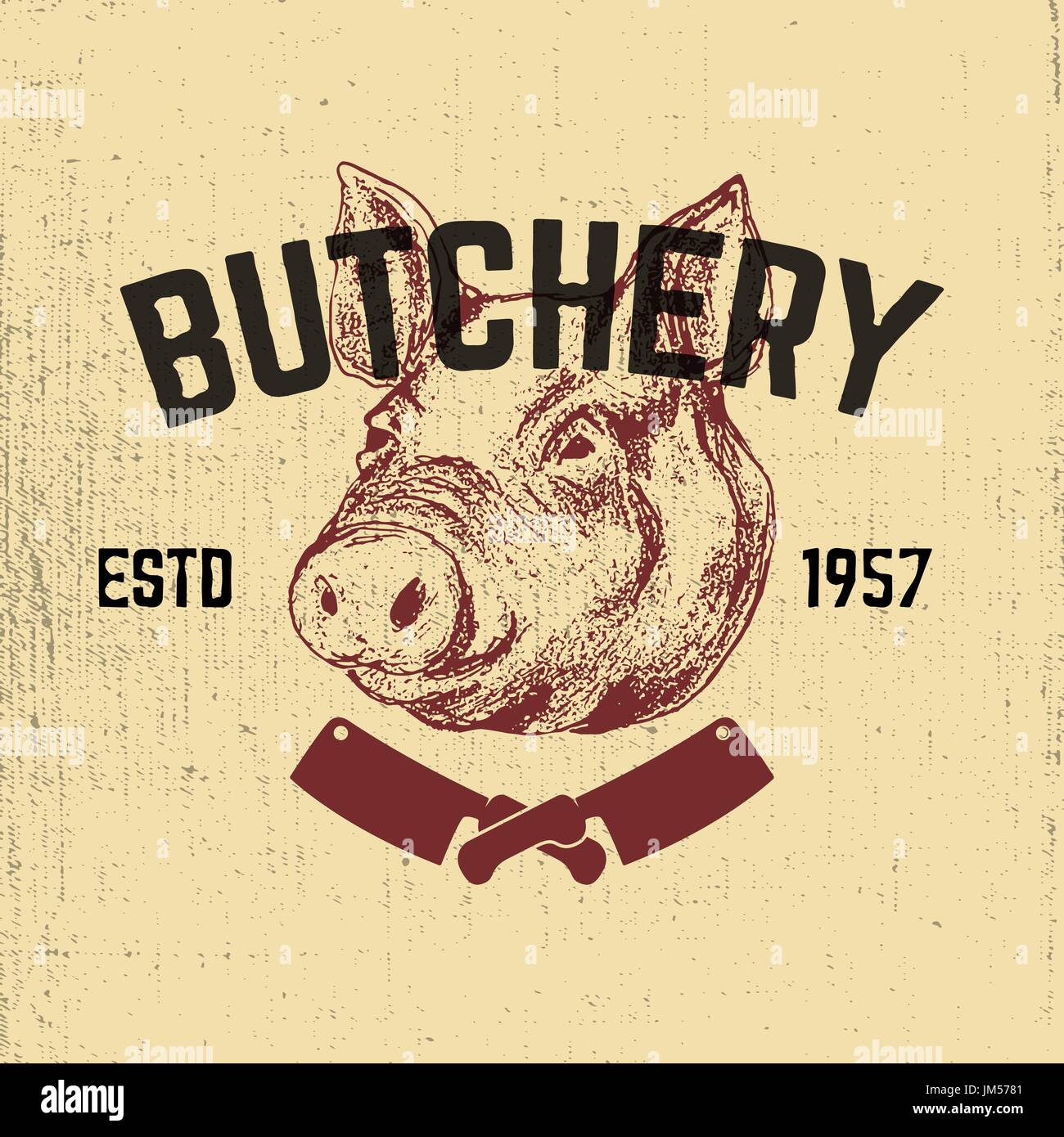 Pork. Butchery. Hand drawn pig head on grunge background. Design elements for restaurant menu, poster, emblem, sign. Vector illustration. Stock Vector