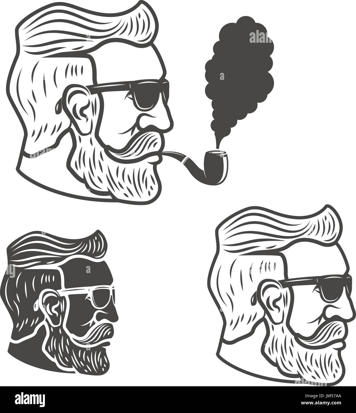 Bearded man head with smoking pipe isolated on white background. Vector illustration. Stock Vector