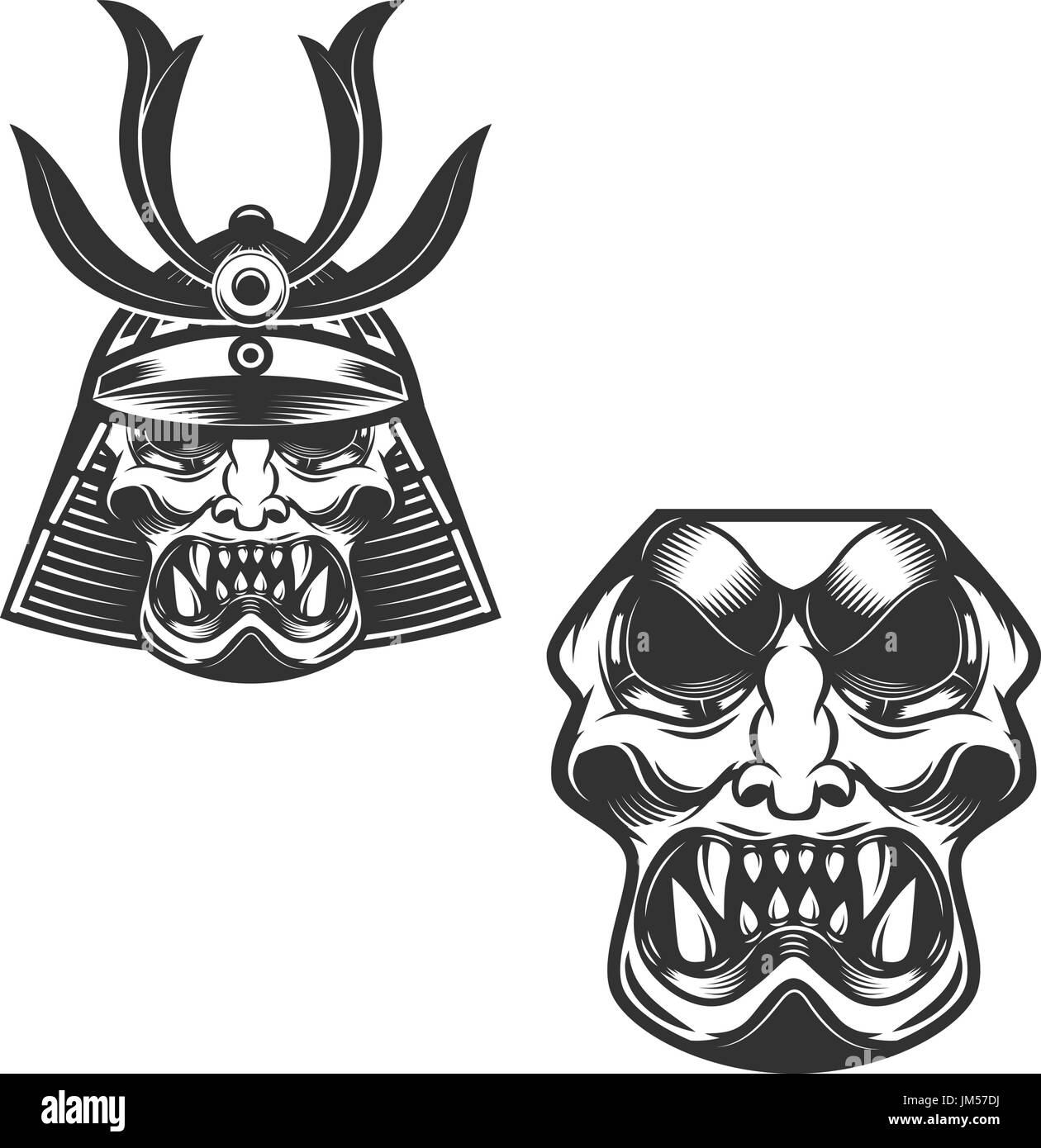Samurai warrior helmet isolated on white background. Design elements for logo, label, emblem. Vector illustration. Stock Vector