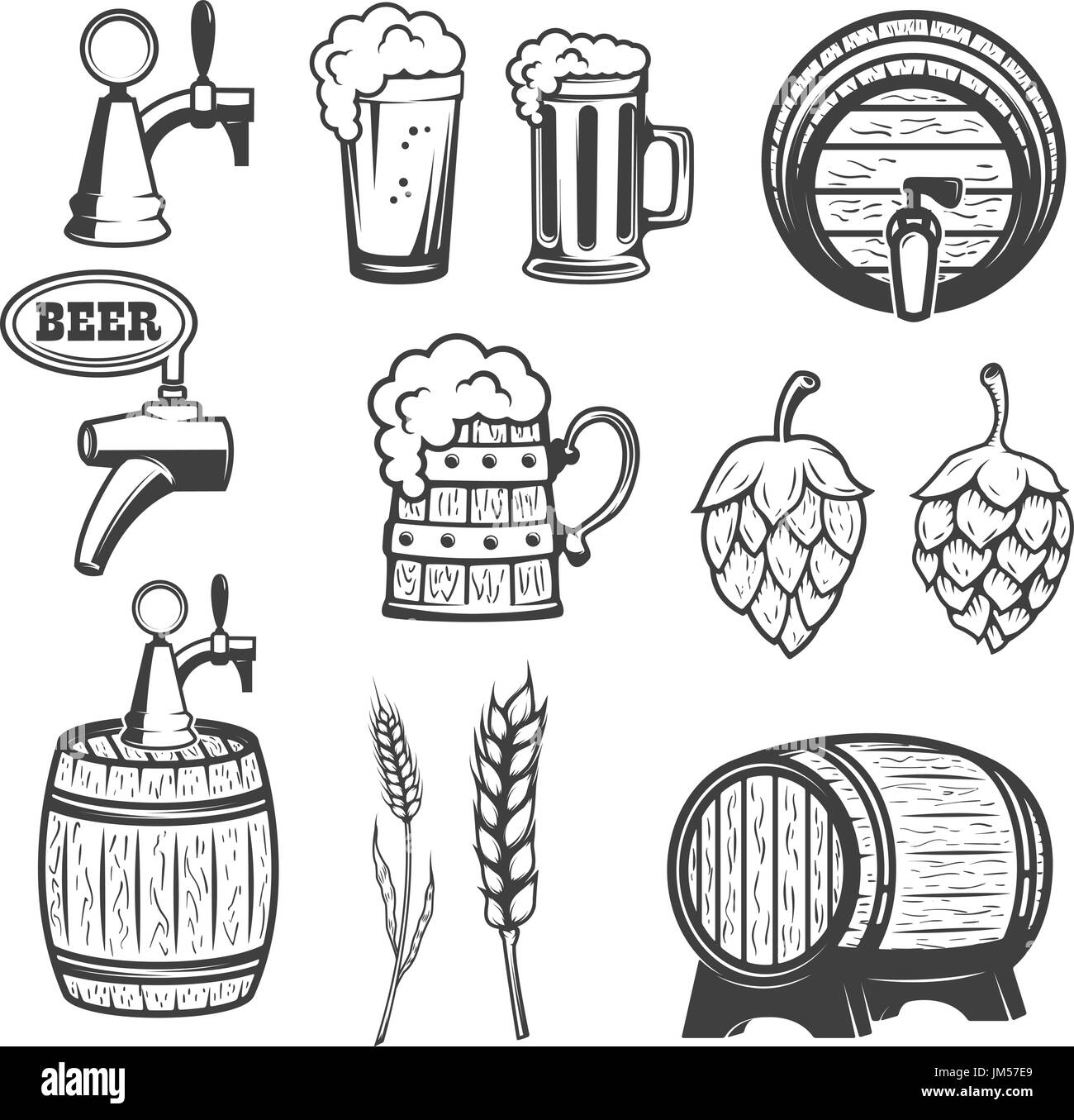Beer mugs, wooden barrels, hop, wheat. isolated on white background