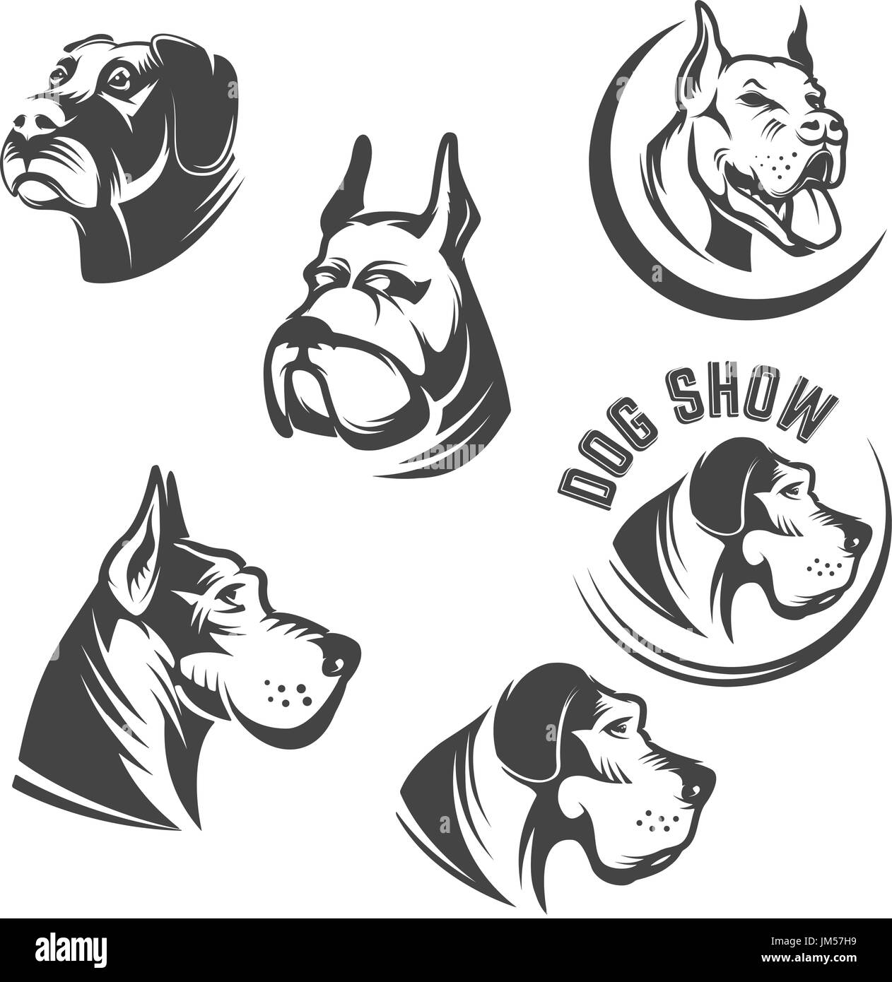 Set of the dog heads icons isolated on white background. Images for logo, label, emblem. Vector illustration. Stock Vector