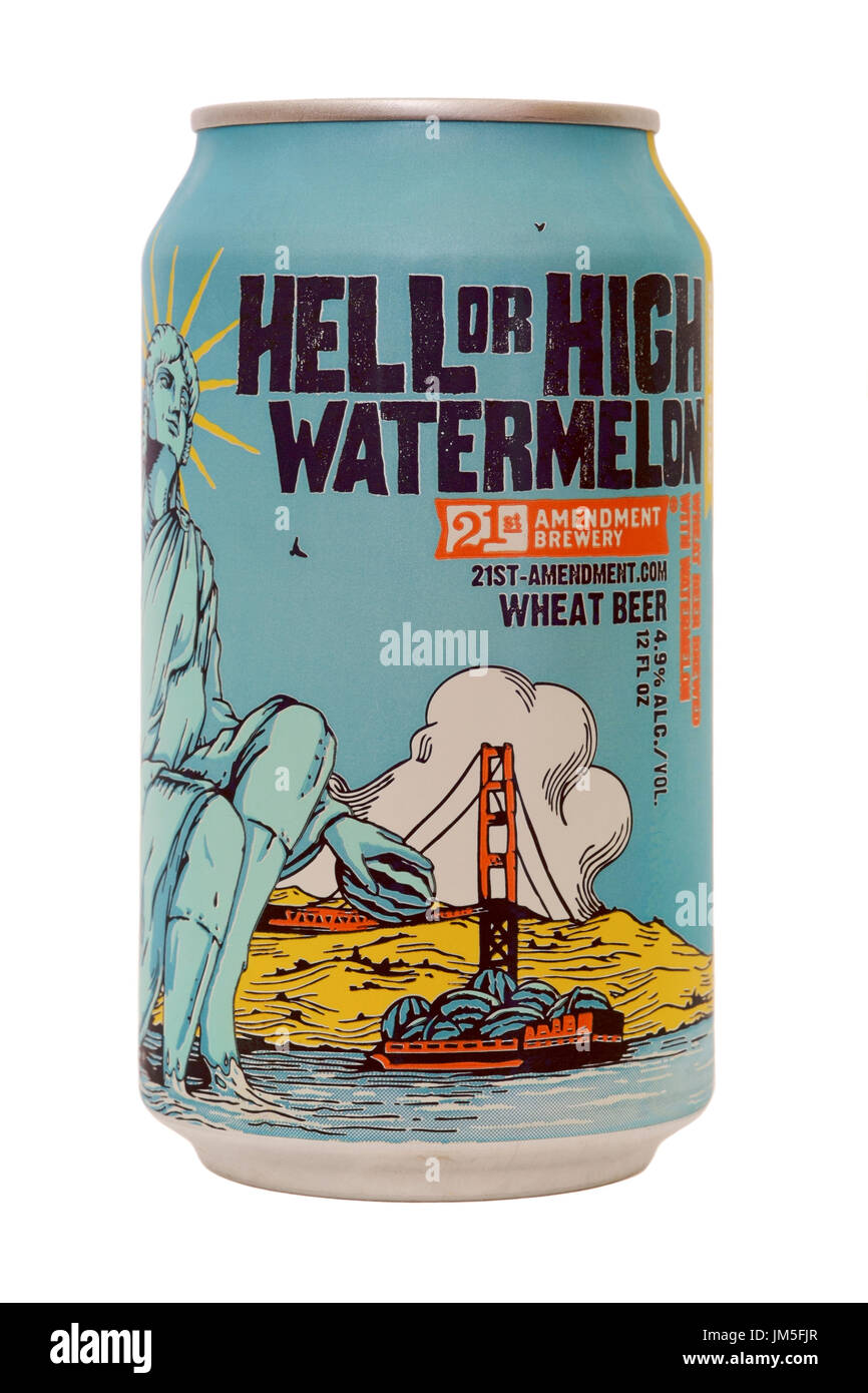 a can of hell or high watermelon wheat beer on white background Stock Photo