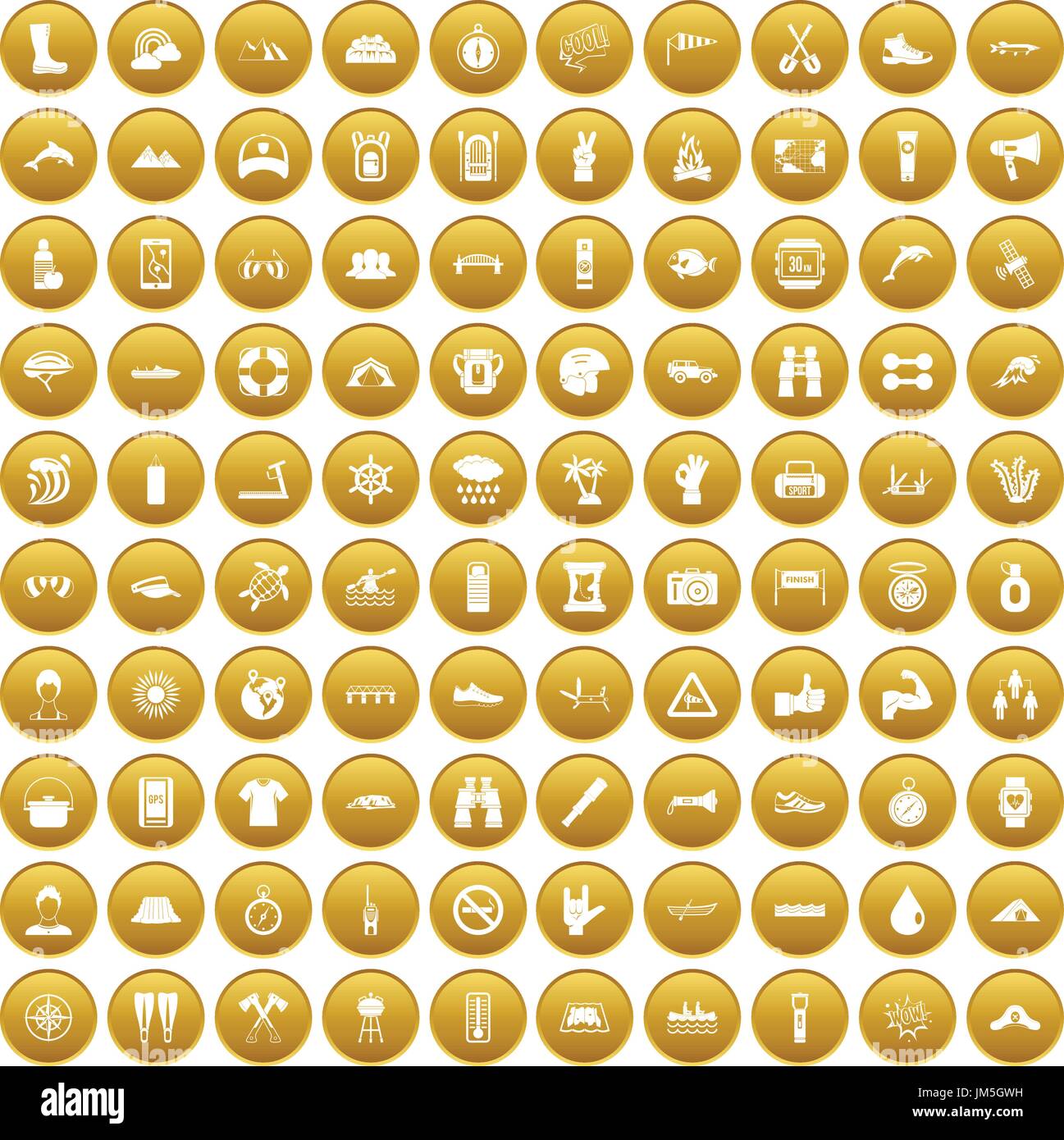 100 rafting icons set gold Stock Vector