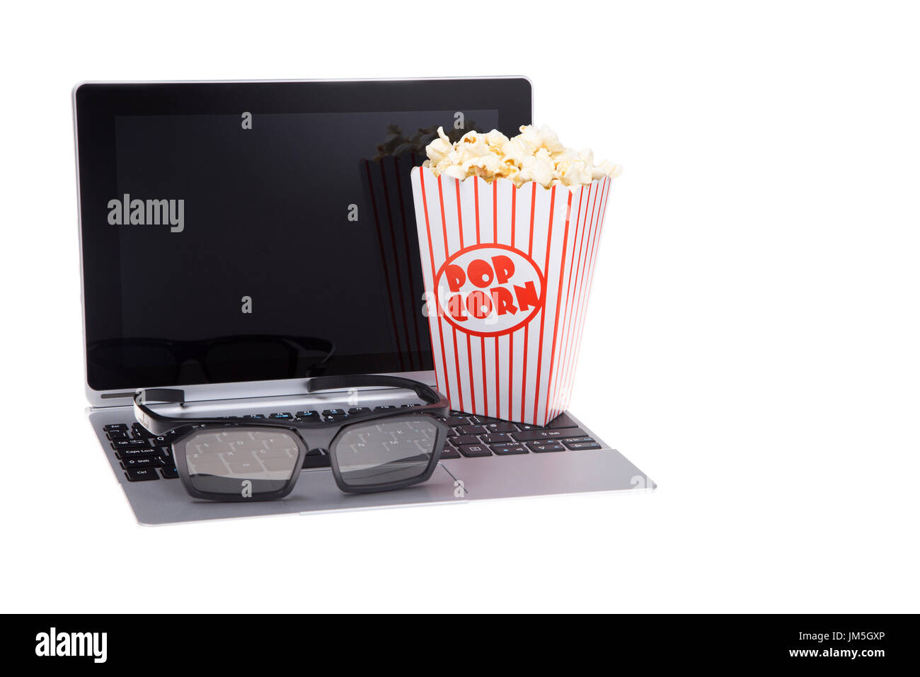 Computer Screen With Popcorn 3d glasses and popcorn on a laptop isolated on white Stock Photo - Alamy