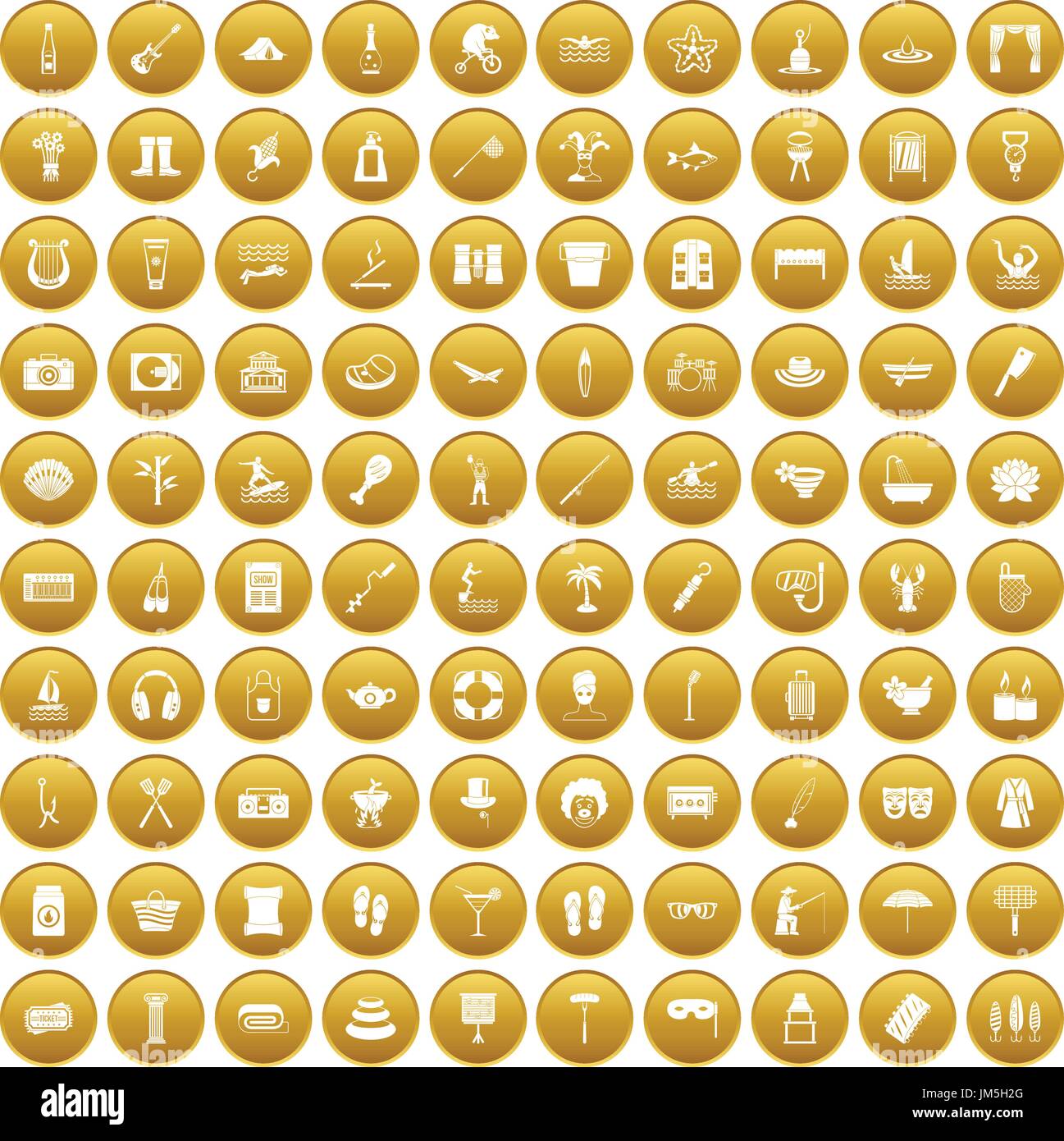 100 recreation icons set gold Stock Vector
