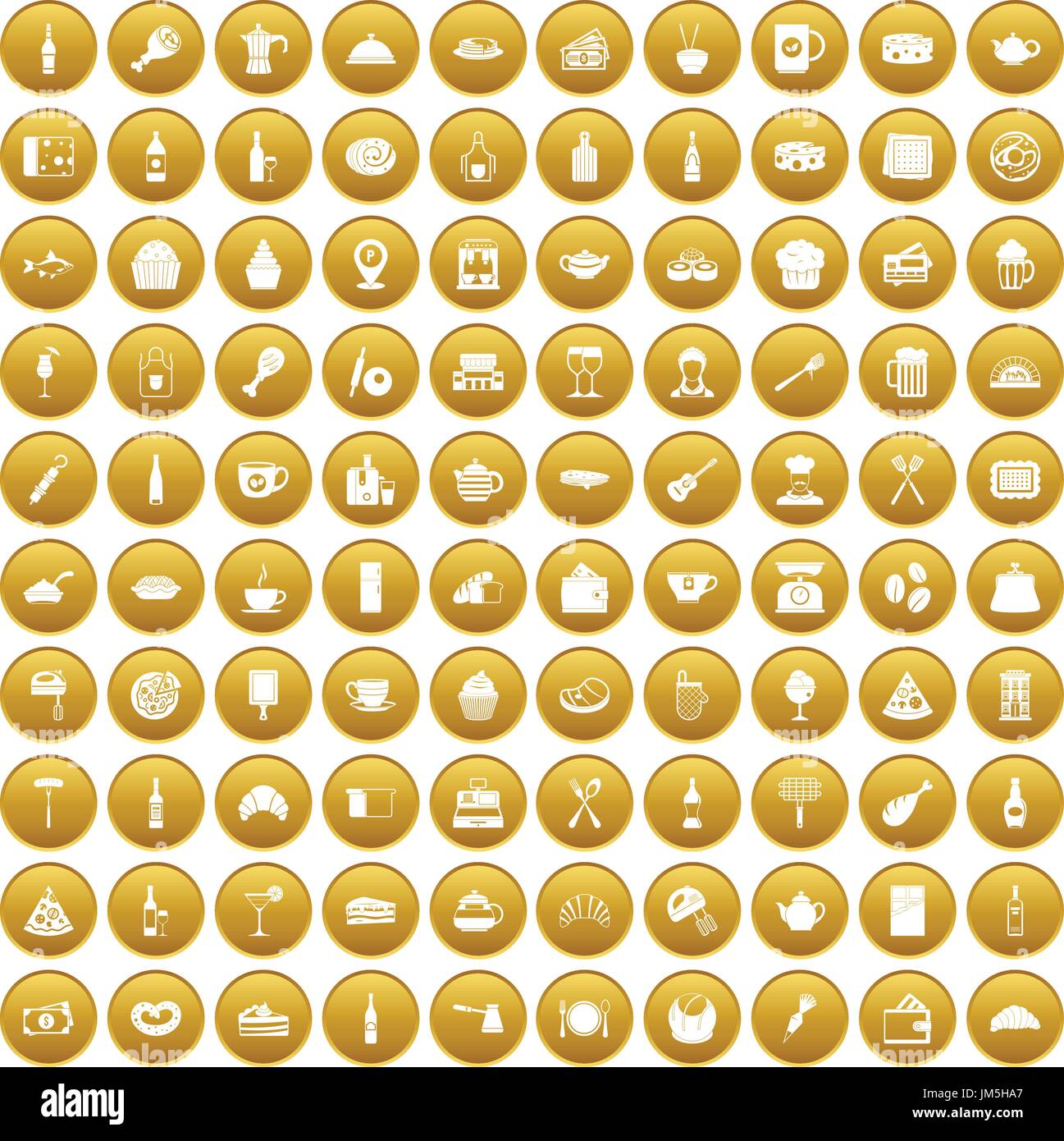 100 restaurant icons set gold Stock Vector