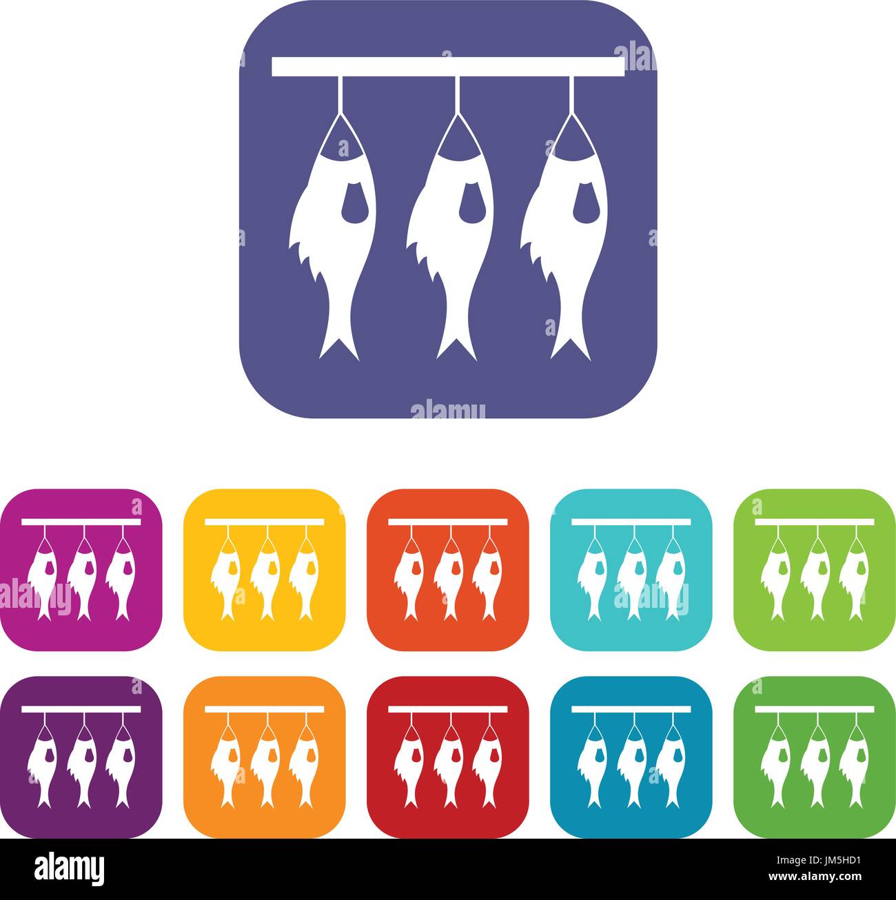 Three dried fish hanging on a rope icons set Stock Vector