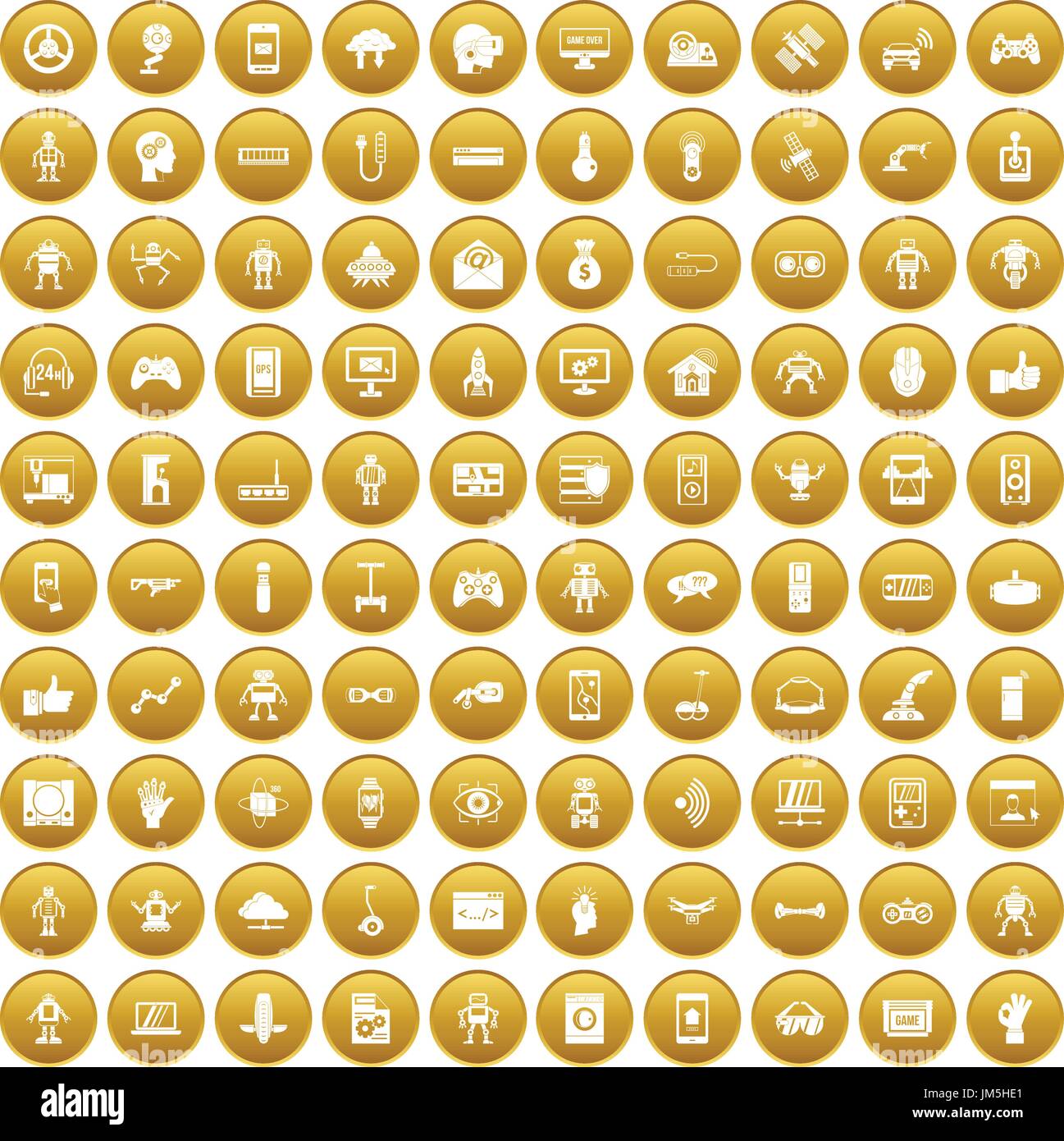 100 robot icons set gold Stock Vector