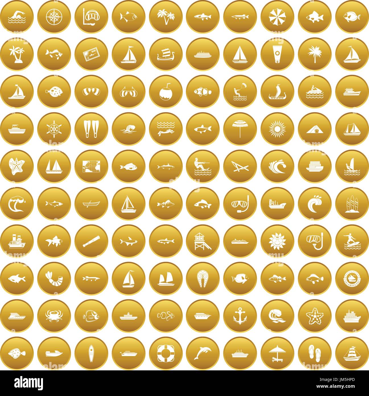 100 sea icons set gold Stock Vector