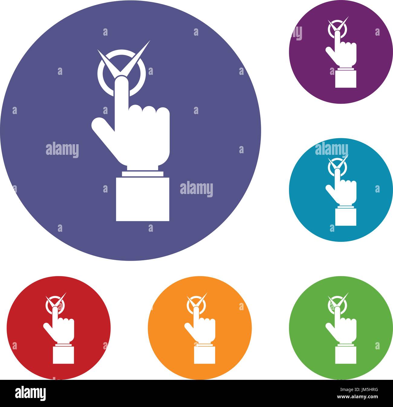 Hand finger pressing button with tick icons set Stock Vector