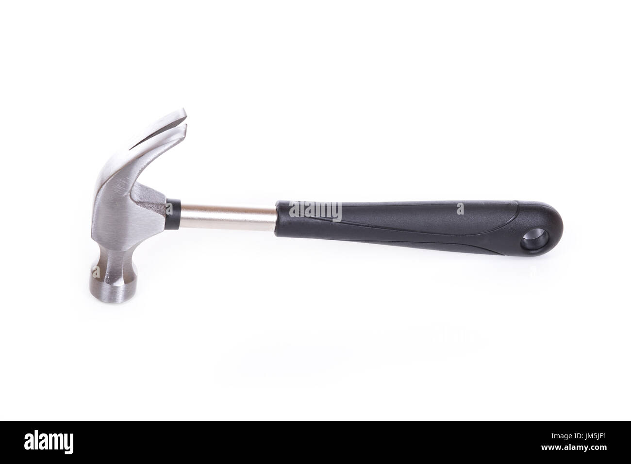 Traditional curved-claw hammer tool with black plastic handle viewed from the side horizontally isolated on white background with copy space Stock Photo