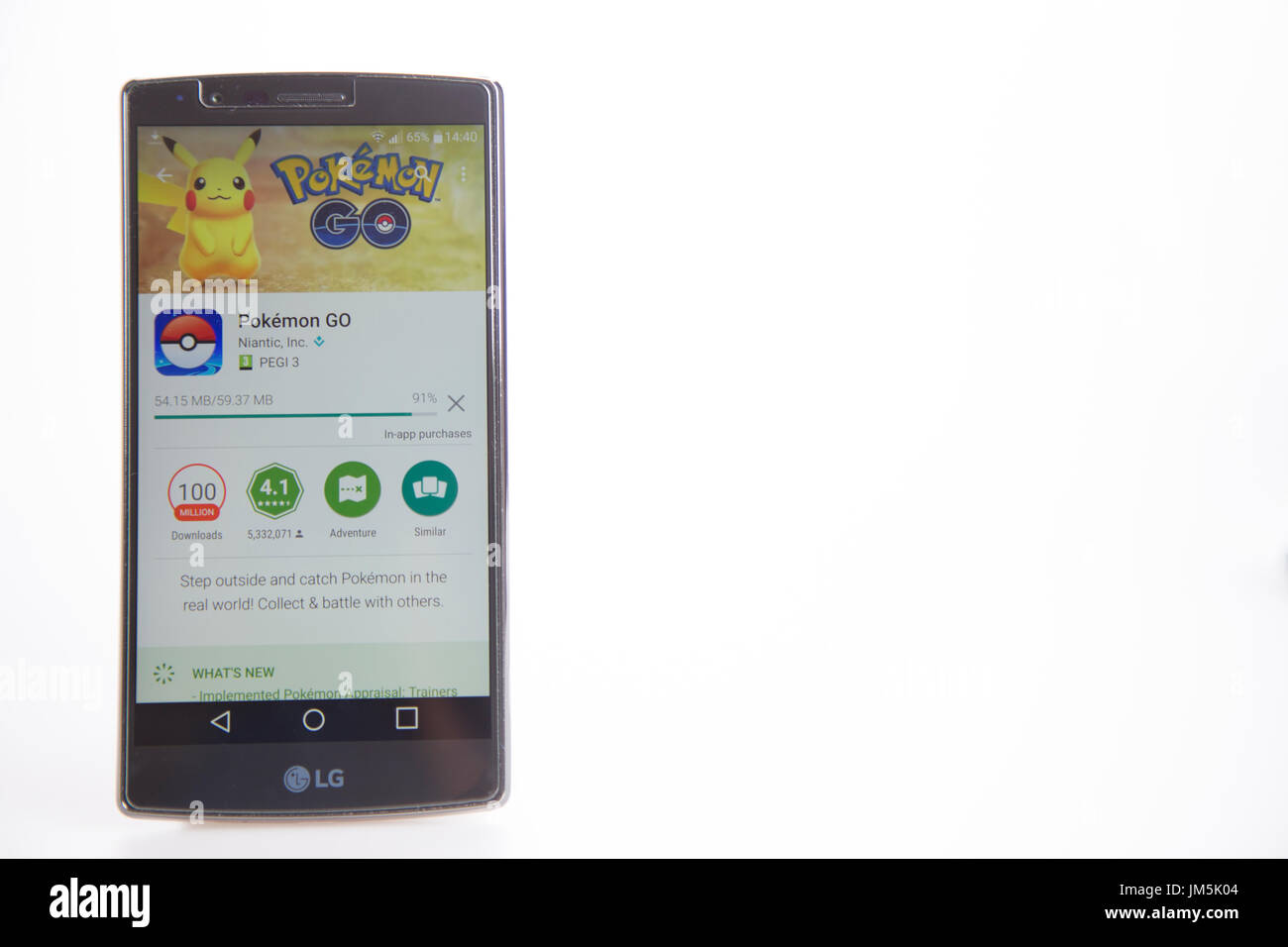 Hertfordshire, UK – August 26, 2016: LG G4 smart phone showing screen shot of Pokemon Go being downloaded, A very popular augmented reality app for ip Stock Photo