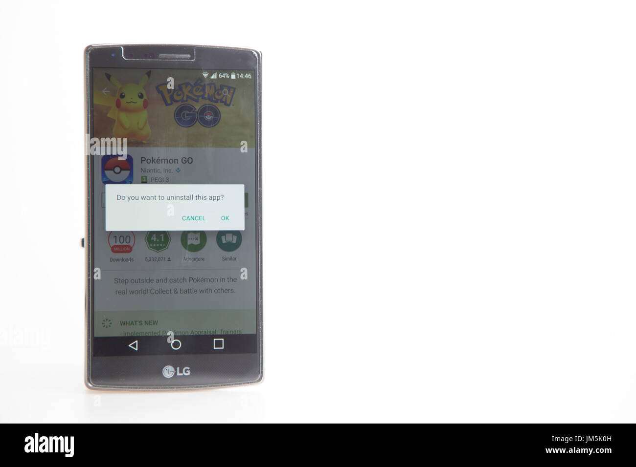 Hertfordshire, UK – August 26, 2016: LG G4 smart phone showing screen shot of Pokemon Go, A very popular augmented reality app for iphone and android  Stock Photo
