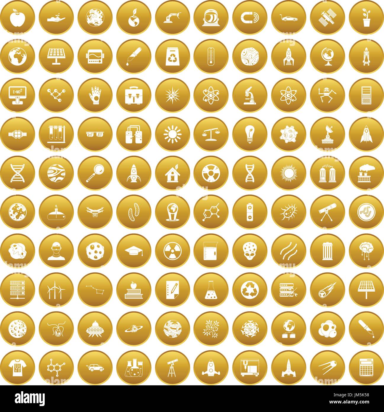 100 space technology icons set gold Stock Vector