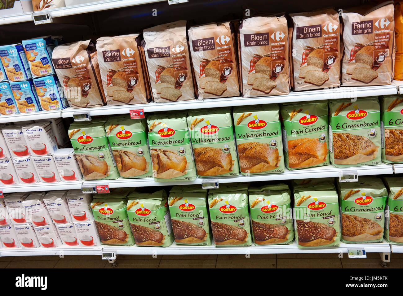 Flour packings in a supermarket Stock Photo