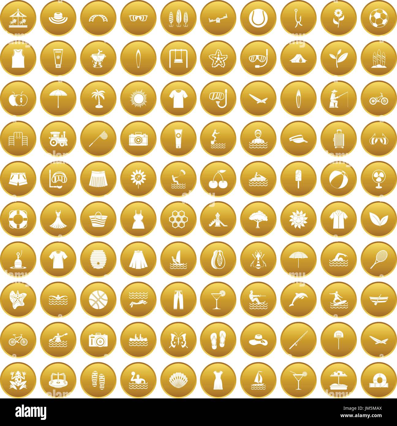 100 summer icons set gold Stock Vector