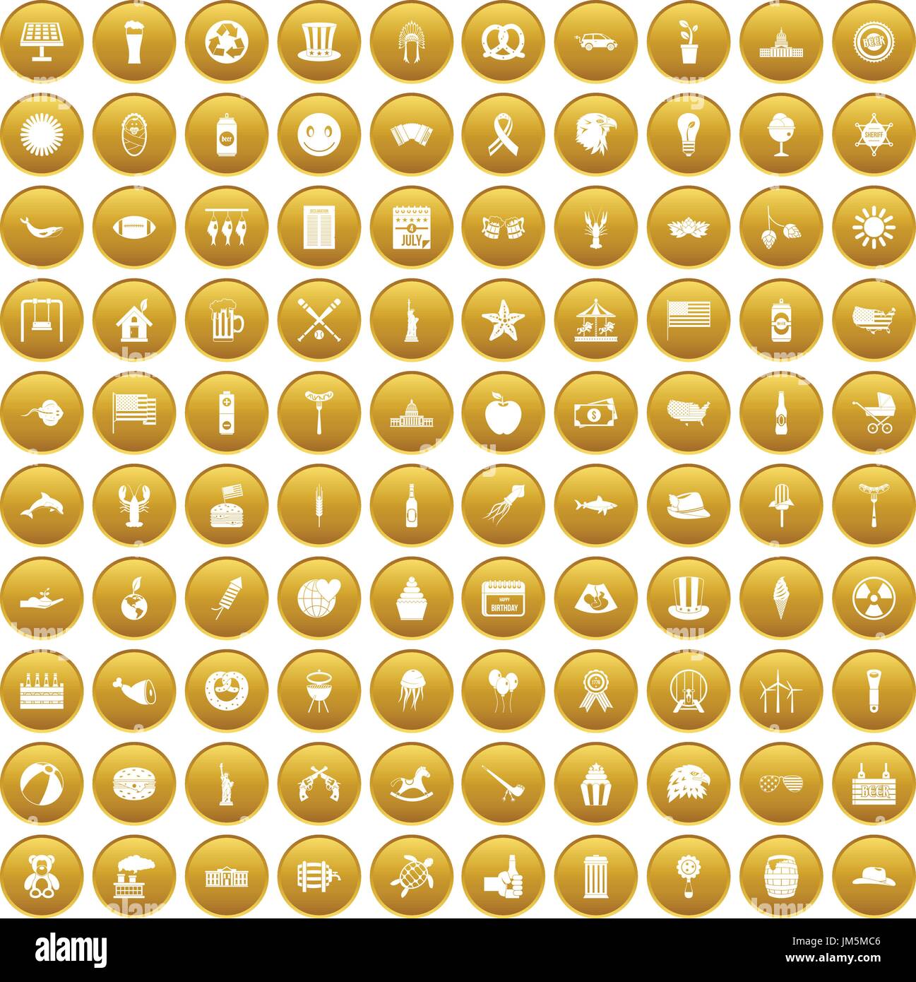 100 summer holidays icons set gold Stock Vector