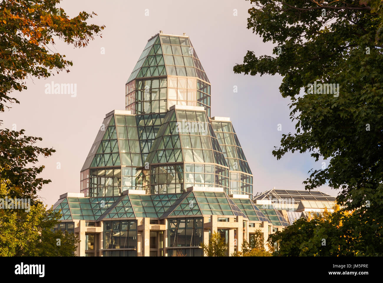 The skylights of the National Art Gallery of Canada framed by maple