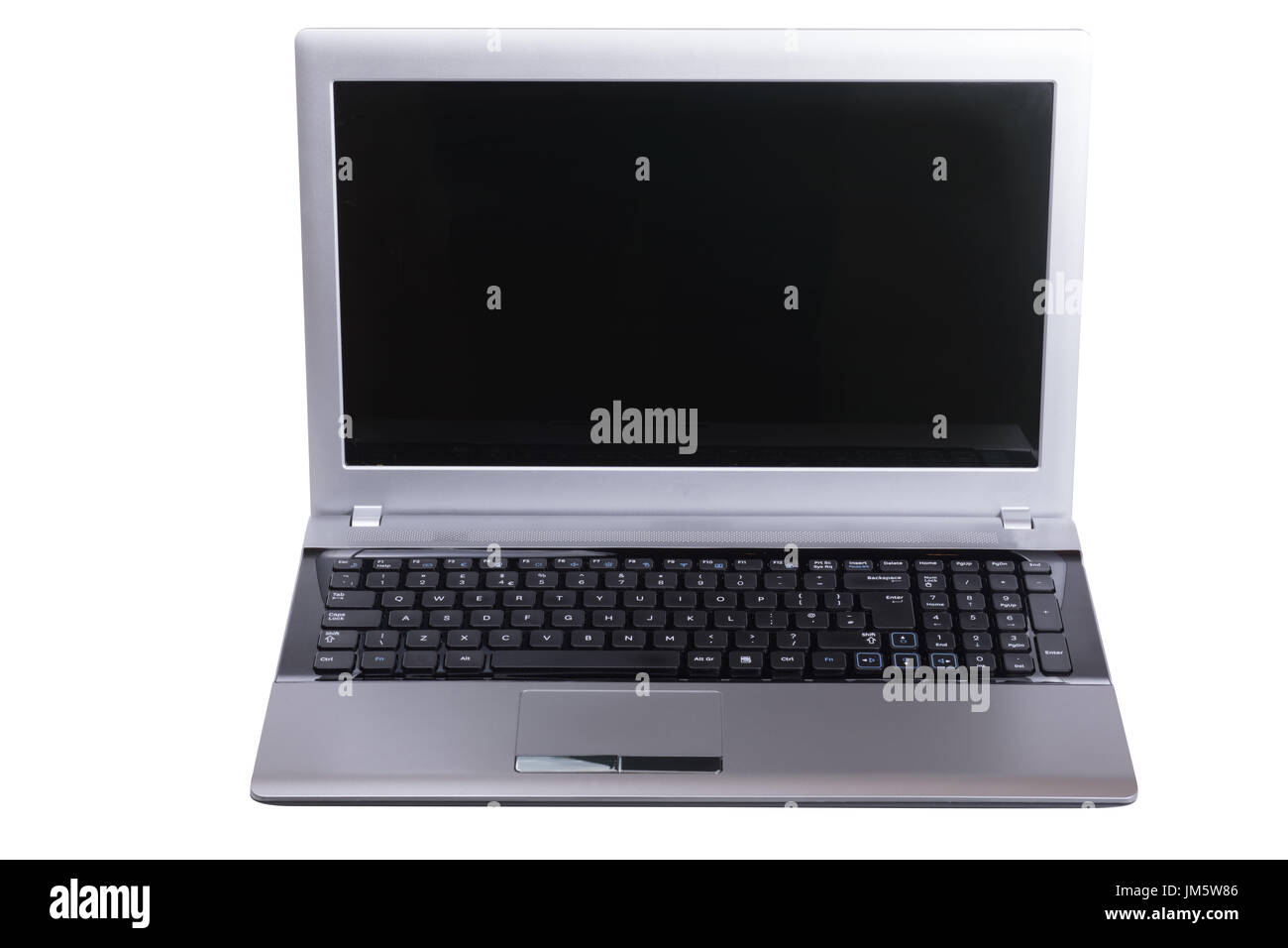Open laptop computer with blank black screen and copy space isolated on ...