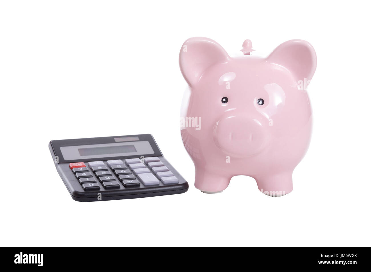Calculator with pink piggy bank on white in a concept of costs, savings ...