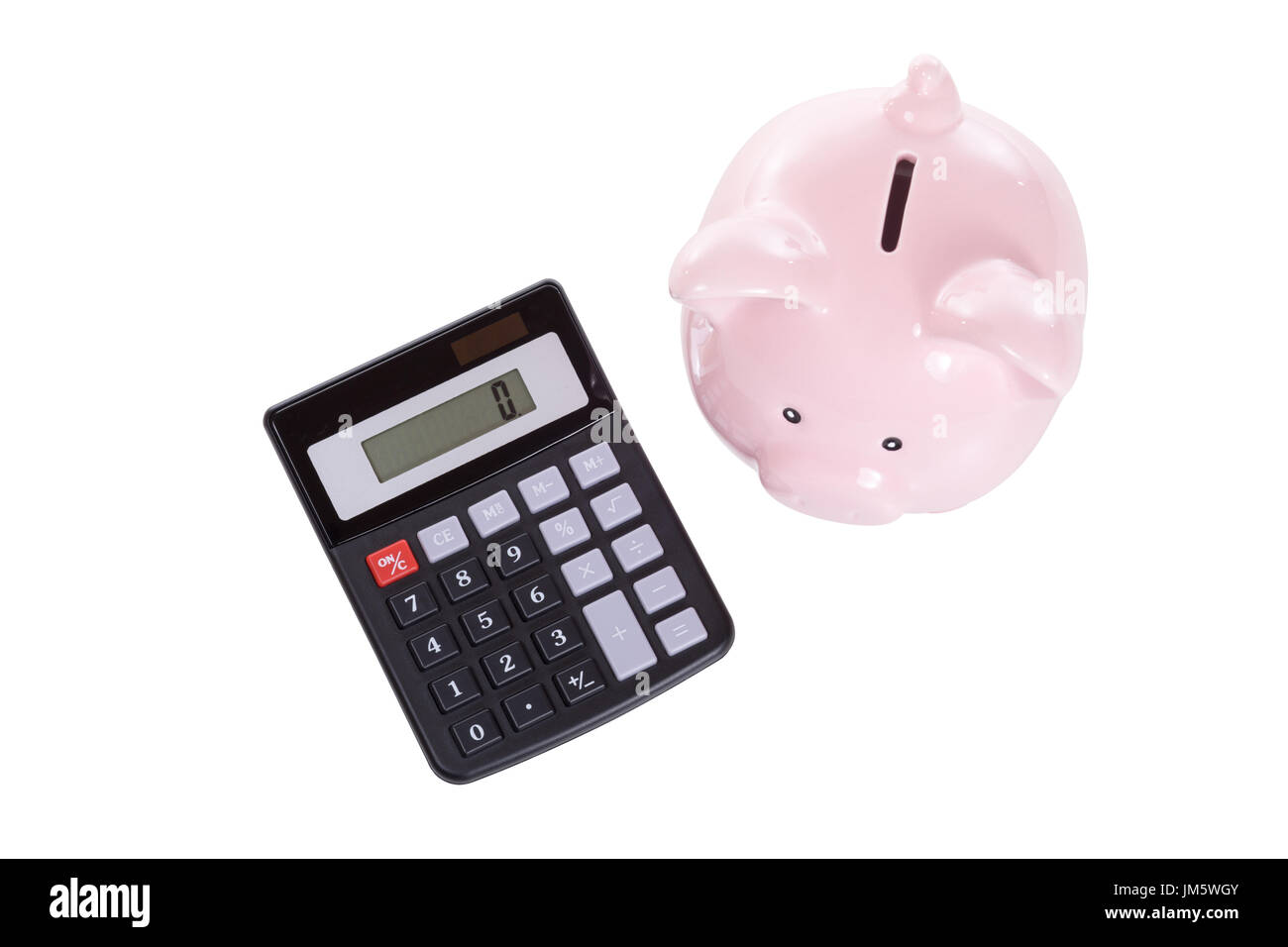 Isolated piggy bank and calculator on white in a concept of financial ...
