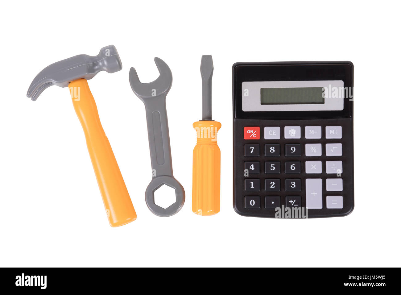 calculator with a small tool kit isolated on white in a renovations calculator